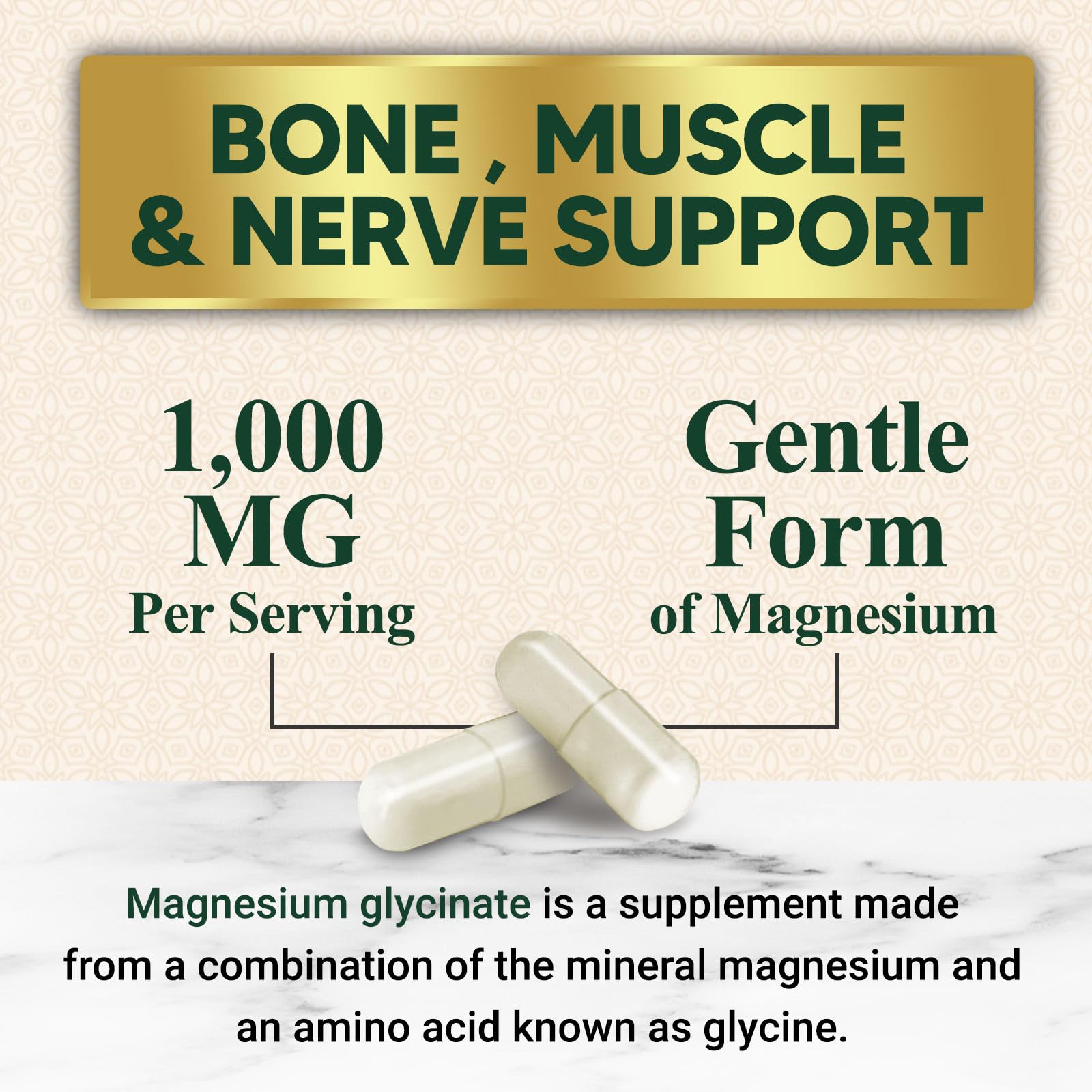 Magnesium Glycinate 1000mg – Chelated Magnesium for Heart, Nerves, Bones & Muscles | 60 Capsules