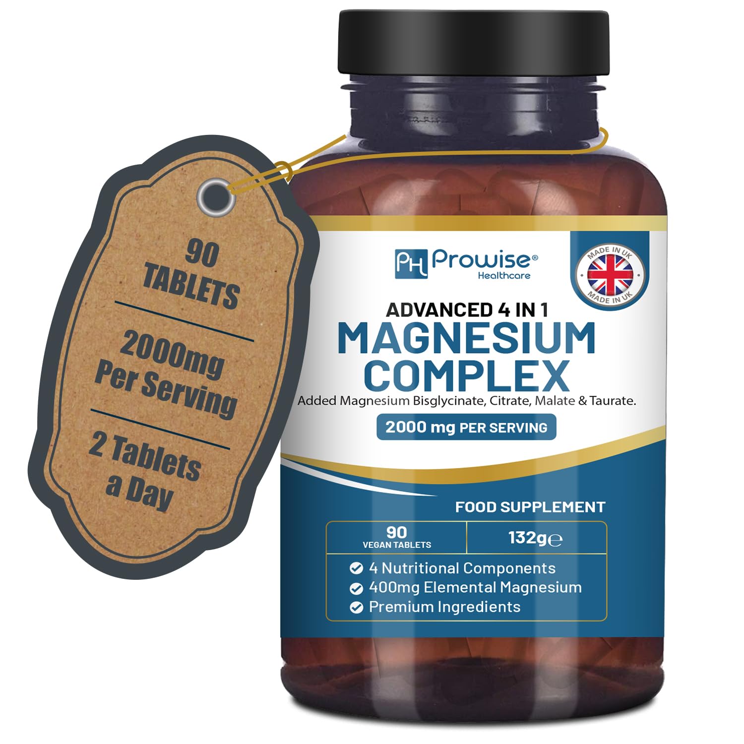 Magnesium Glycinate Complex 4-in-1 | 2000mg per Serving | 400mg Elemental | 90 Vegan Tablets | Prowise