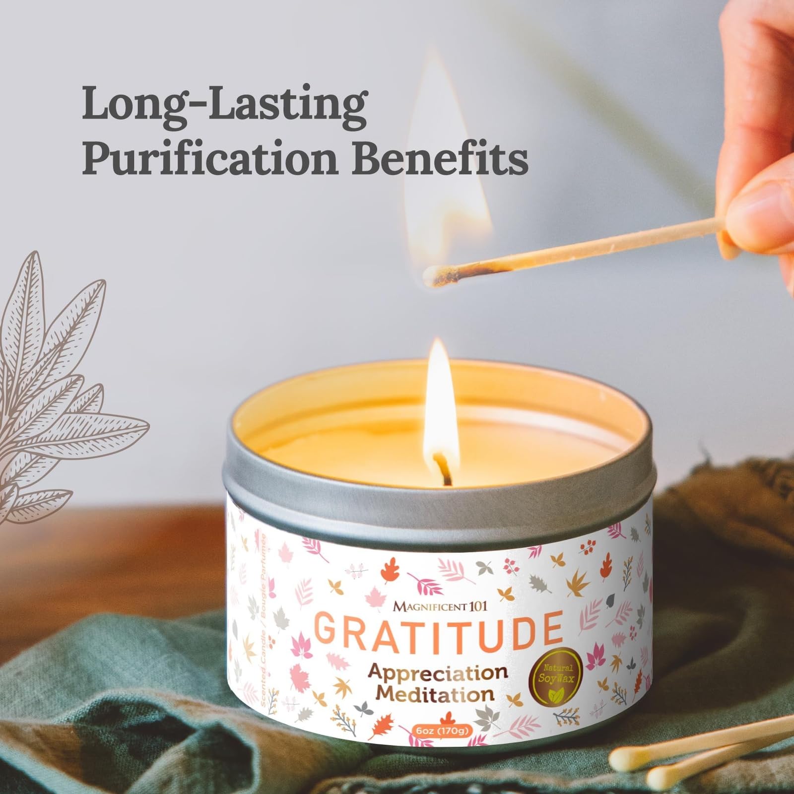 MAGNIFICENT 101 Gratitude Candle - 6 Oz Red Soy Wax, 35-Hour Burn, Paraffin Free, Sage Aromatherapy