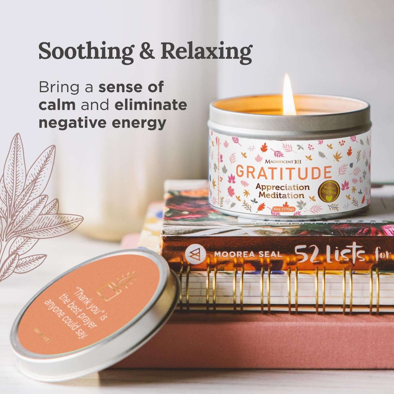 MAGNIFICENT 101 Gratitude Candle - 6 Oz Red Soy Wax, 35-Hour Burn, Paraffin Free, Sage Aromatherapy