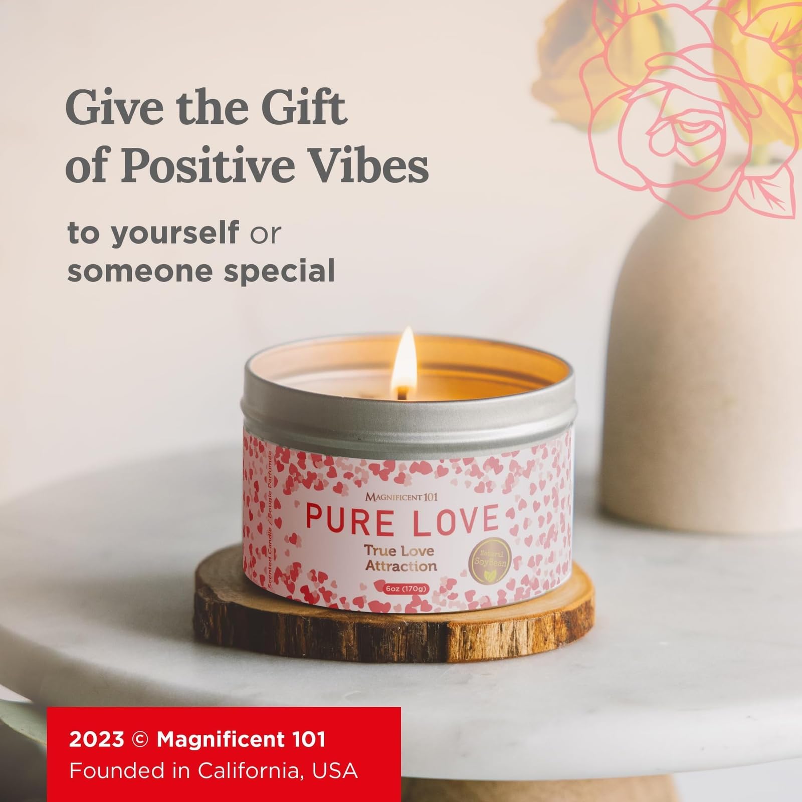 Magnificent 101 Pure Love Aromatherapy Tin Candle - 6 oz, 35 Hour Burn, All Natural Soy Wax
