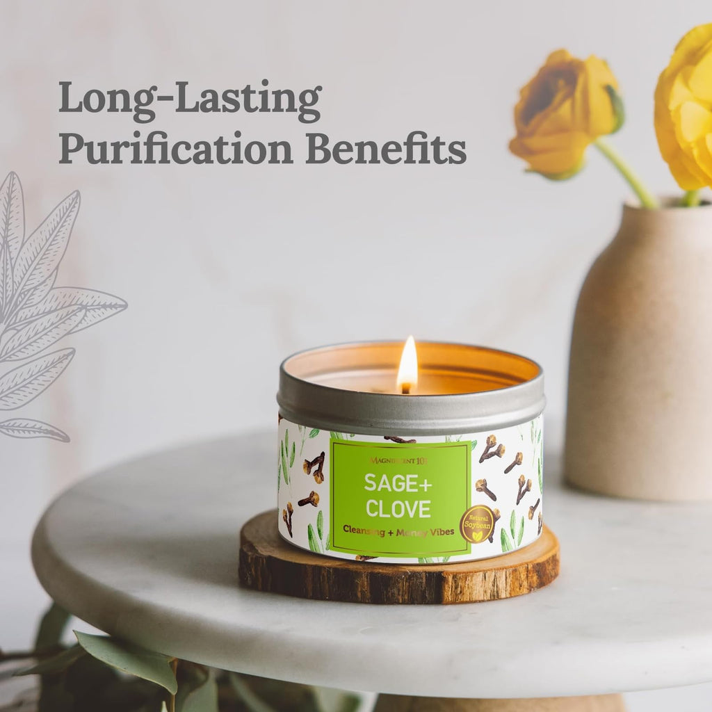 MAGNIFICENT 101 Sage & Clove Aromatherapy Candle - 6 oz Soy Wax, 35-Hour Burn Time