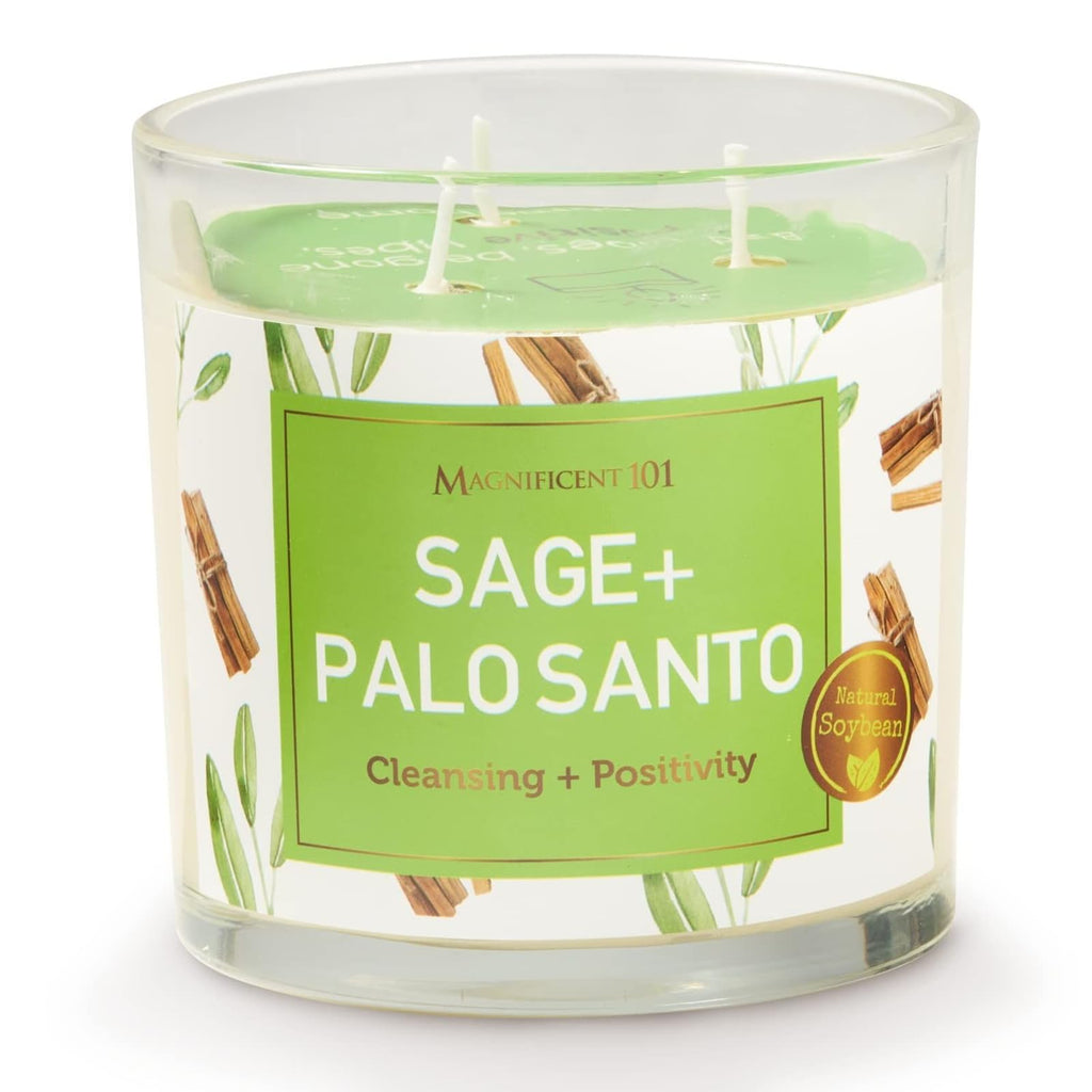 Magnificent 101 Sage & Palo Santo Candle – 14oz, 56-Hour Burn Time, Soy Wax Smudge Candle for Negative Energy Cleansing & Manifestation