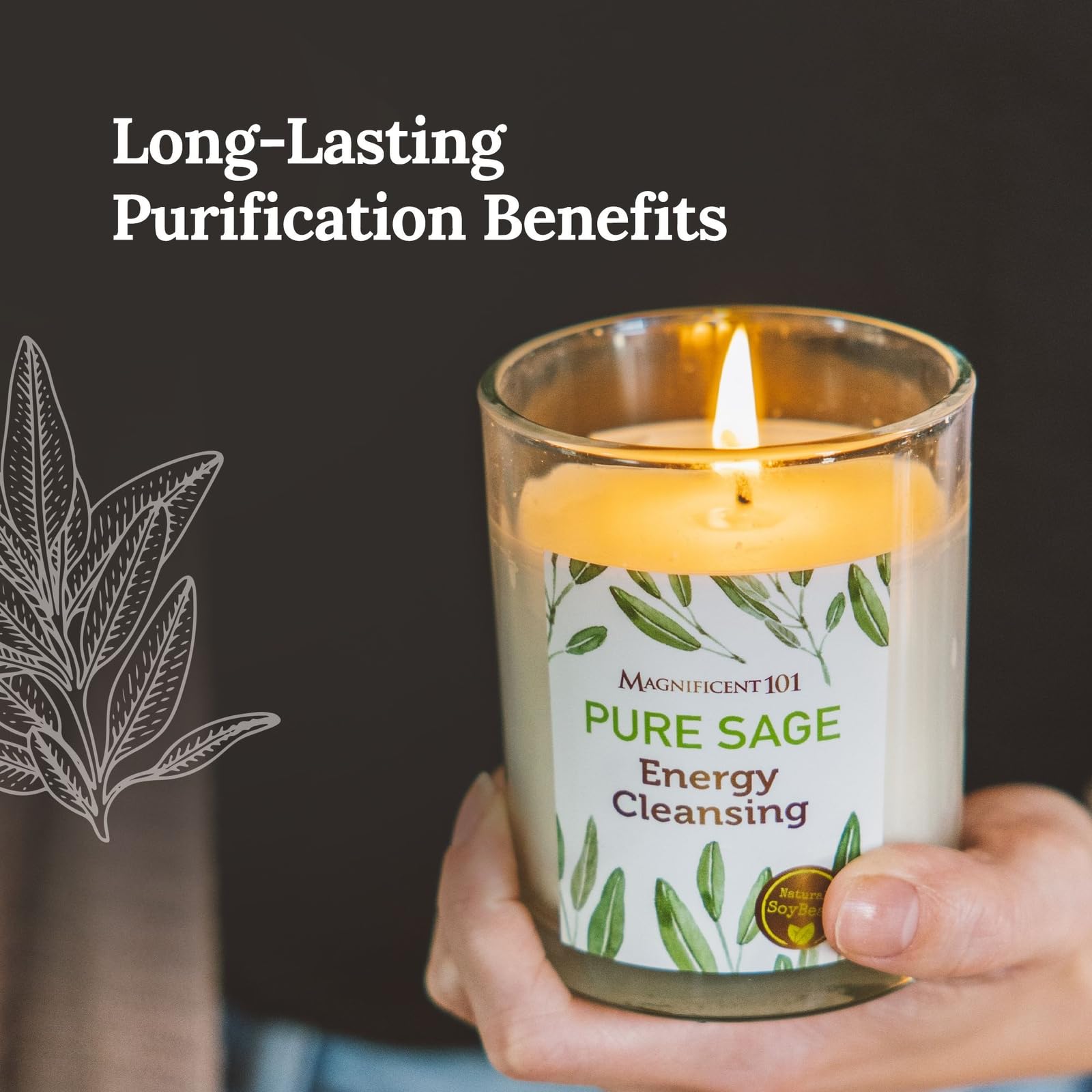 Magnificent 101 Set of 3 Sage Smudge Candles – 42-Hour Burn, 3.5 oz, Soy Wax