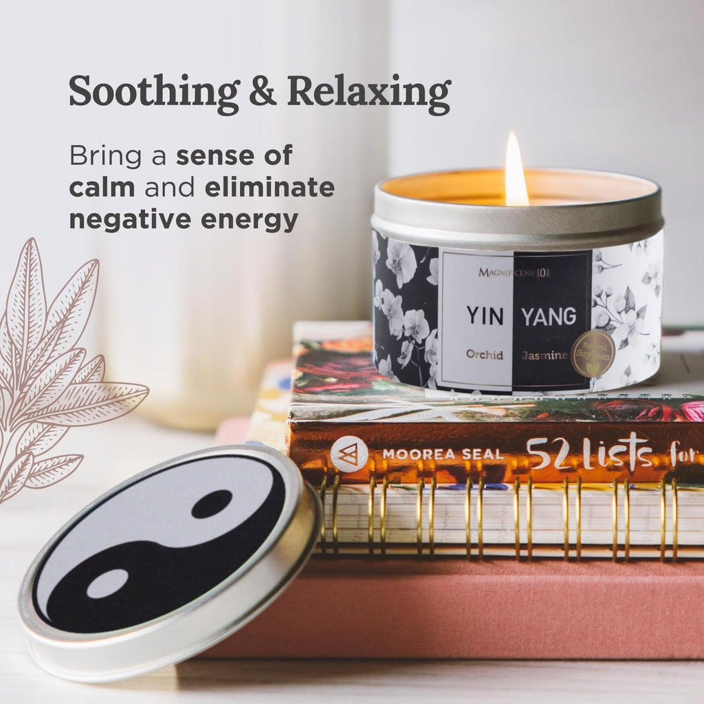 Magnificent 101 Yin Yang Smudge Candle – 6oz Soy Wax Tin, 35-Hour Burn, Orchid & Jasmine