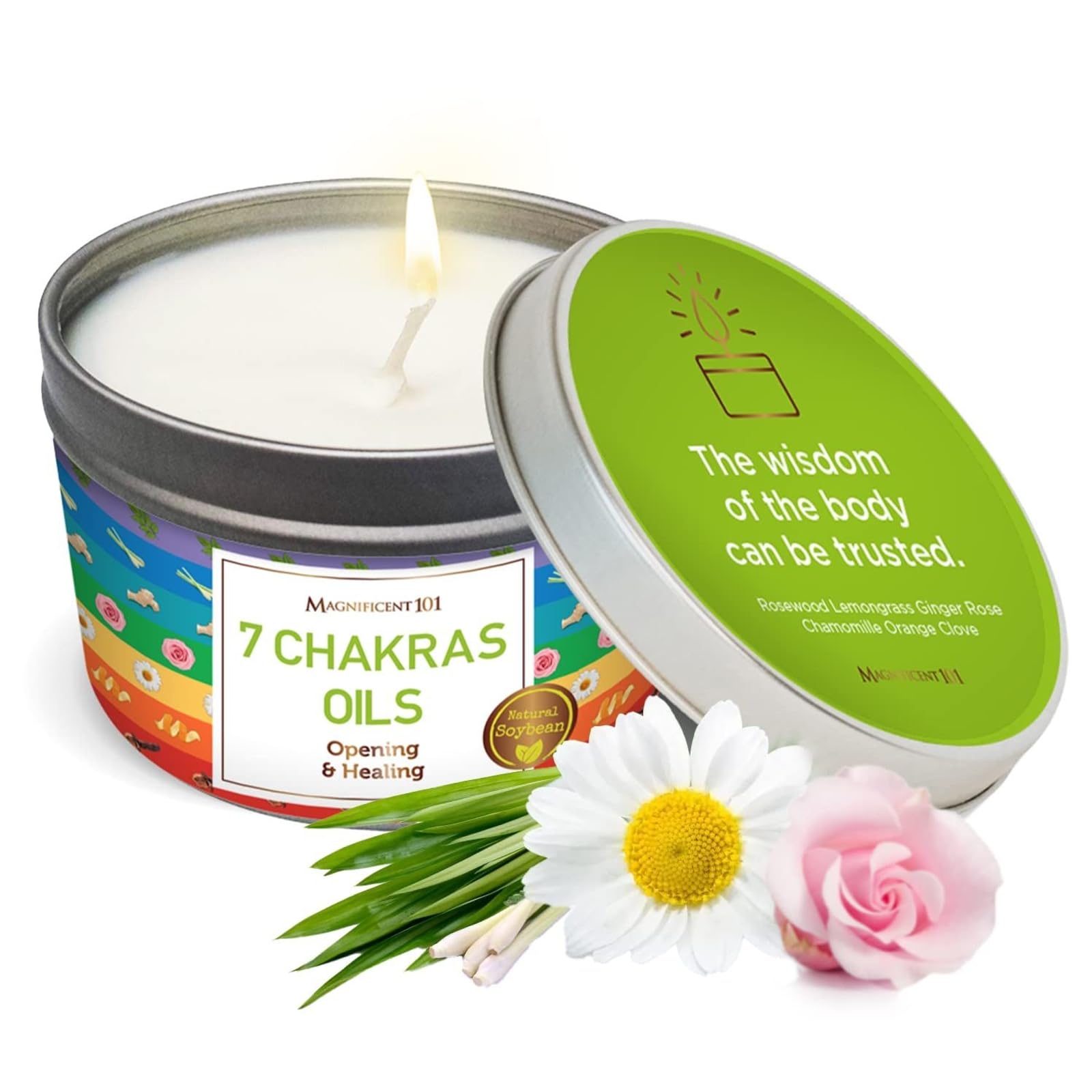 Magnificent 101 7 Chakra Energy Cleansing Aromatherapy Tin Candle - 6oz Orange Soy Wax | Meditation & Manifestation
