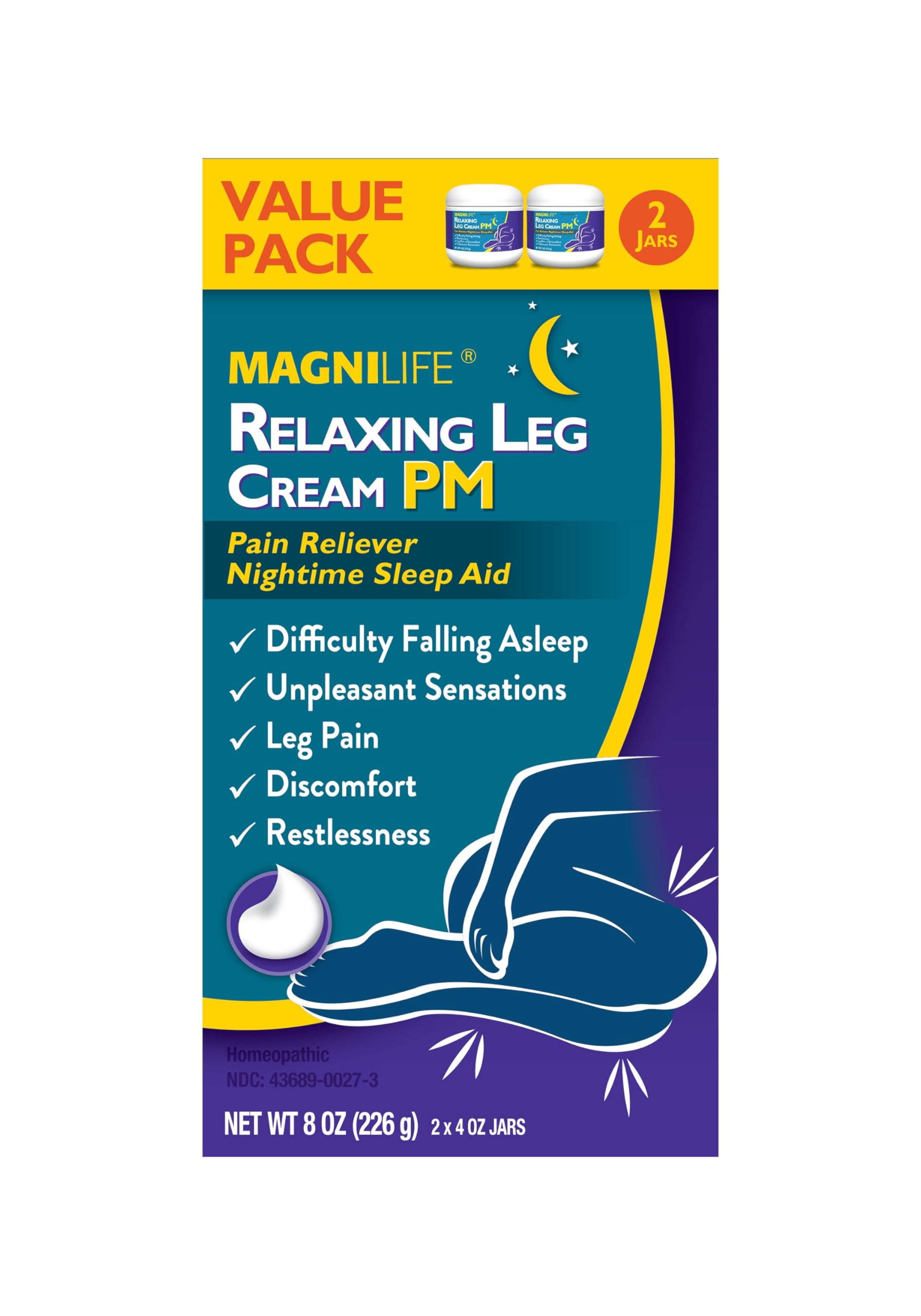 MagniLife Relaxing Leg Cream PM – Restless Legs Relief with Lavender & Magnesium (2 Pack, 4oz Jars)
