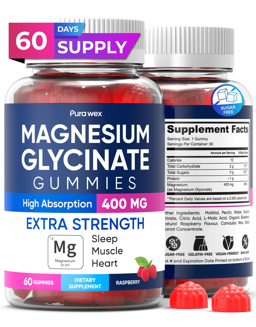 Magnesium Glycinate Gummies 400mg – Sugar Free, Vegan, Raspberry (60-Day Supply)