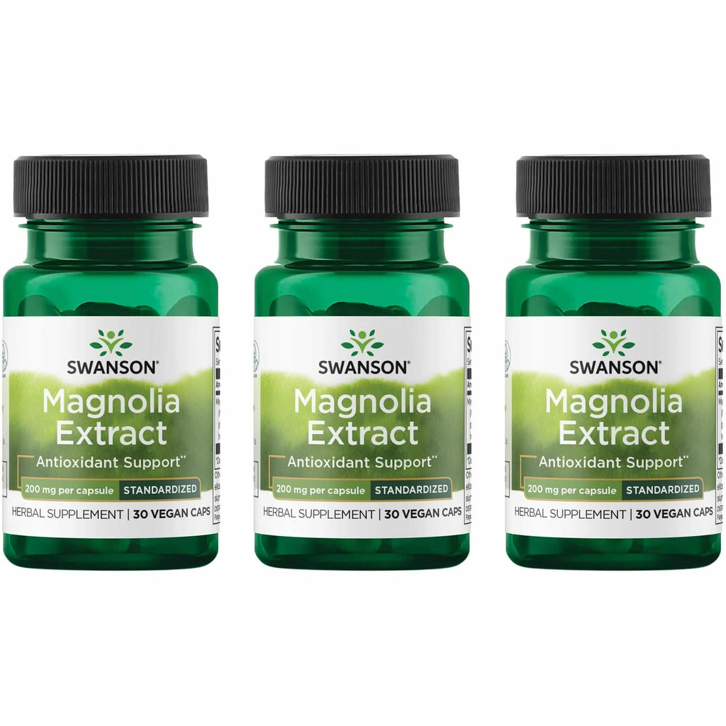 Swanson Magnolia Bark 200mg - Nervous System & Digestive Support | Respiratory & Stress Support (30 Veggie Capsules) - 3 Pack