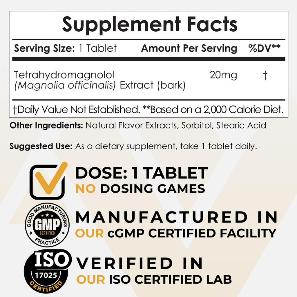 Nootropics Depot Tetrahydromagnolol 20mg Quick-Dissolve Tablets | Magnolia Bark | 60 Count