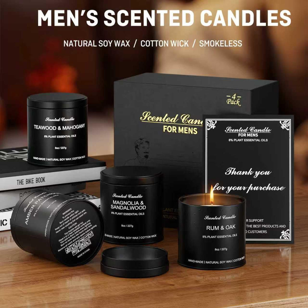 Men's Scented Candle Sets – 4 Pack Aromatherapy Candles Gift in Matte Black Tins