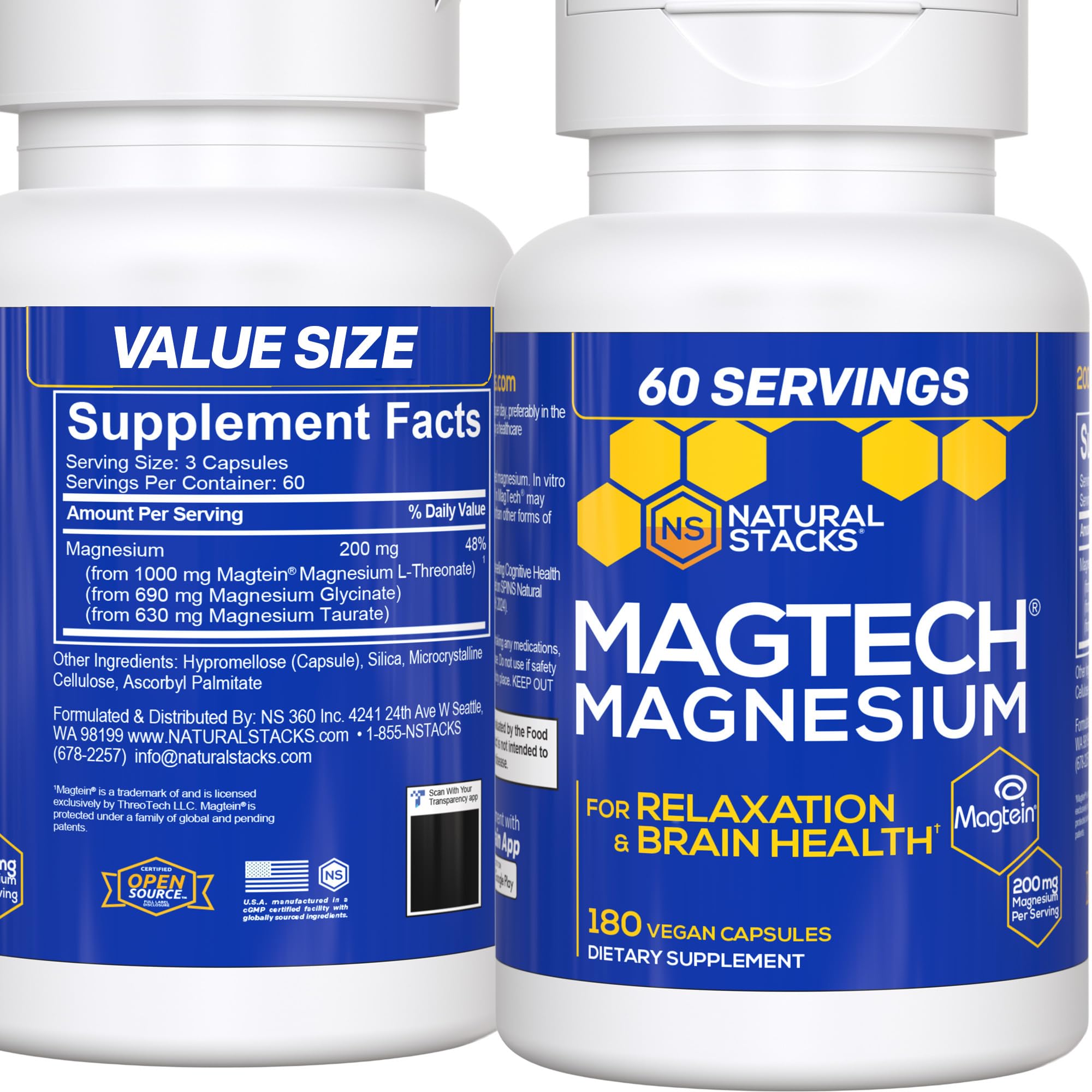MagTech Magnesium Complex - 3-Form Magnesium (Magtein L-Threonate, Glycinate & Taurate) 200mg, 180 Capsules | NATURAL STACKS