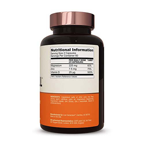 Live Conscious Magnesium Zinc & Vitamin D3 - Bioavailable Forms of Magnesium - Malate, Glycinate, Citrate - MagWell Bone & Heart Health, Immune System Support - 120 Capsules (2-Pack)