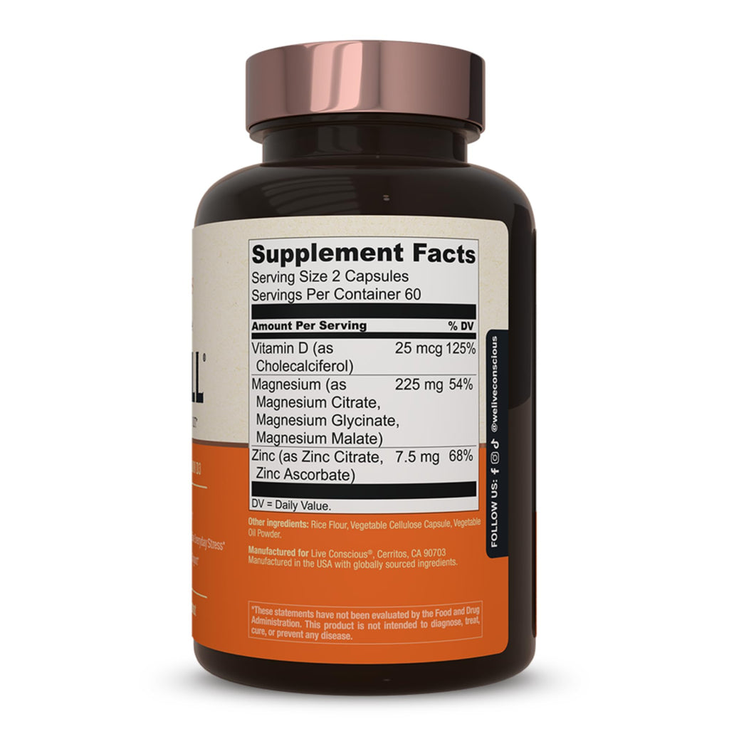Live Conscious Magnesium Zinc & Vitamin D3 - Bioavailable Forms of Magnesium - Malate, Glycinate, Citrate - MagWell Bone & Heart Health, Immune System Support - 120 Capsules (2-Pack)