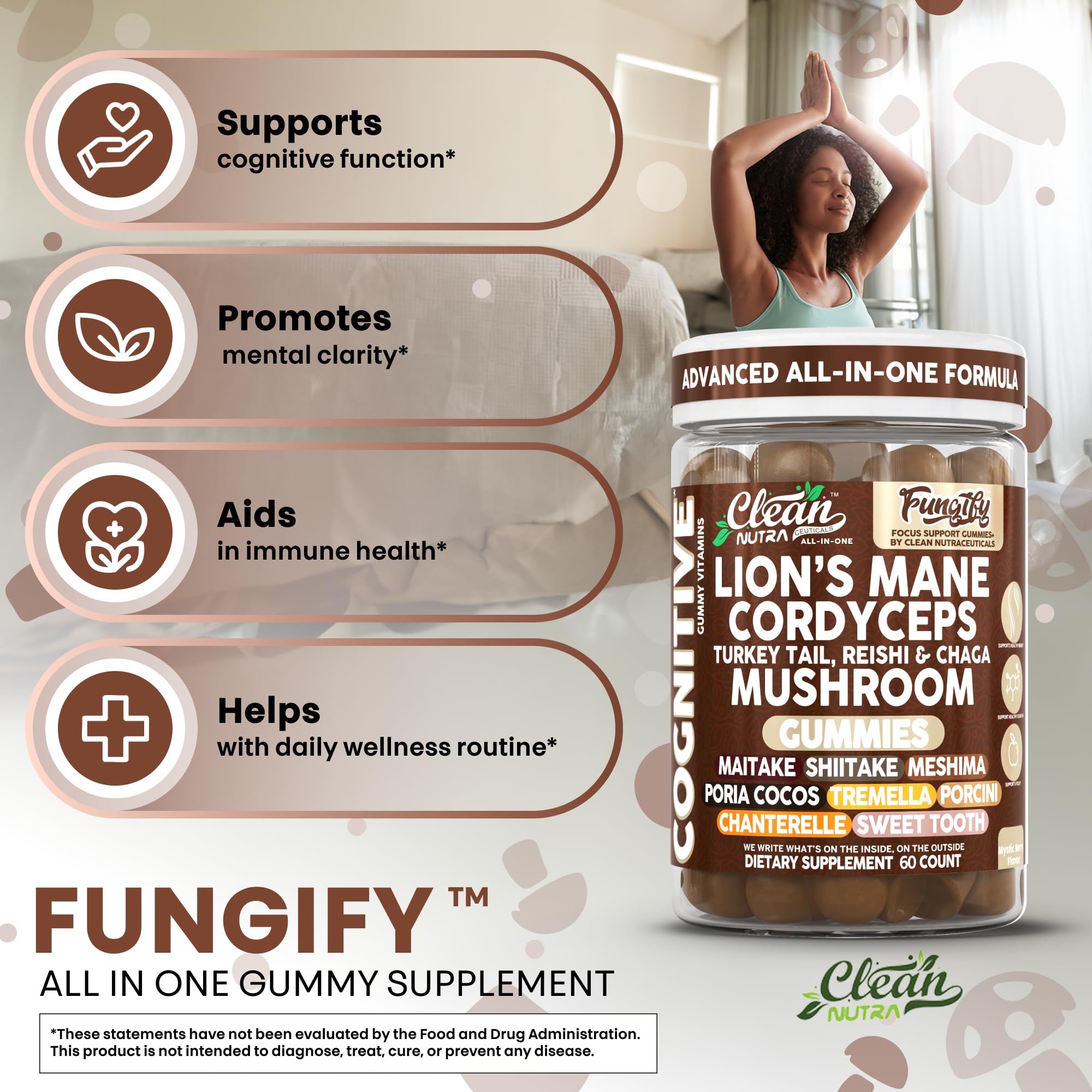 Clean Nutra Lions Mane Gummies — Memory & Focus with Cordyceps, Reishi & Immune Support