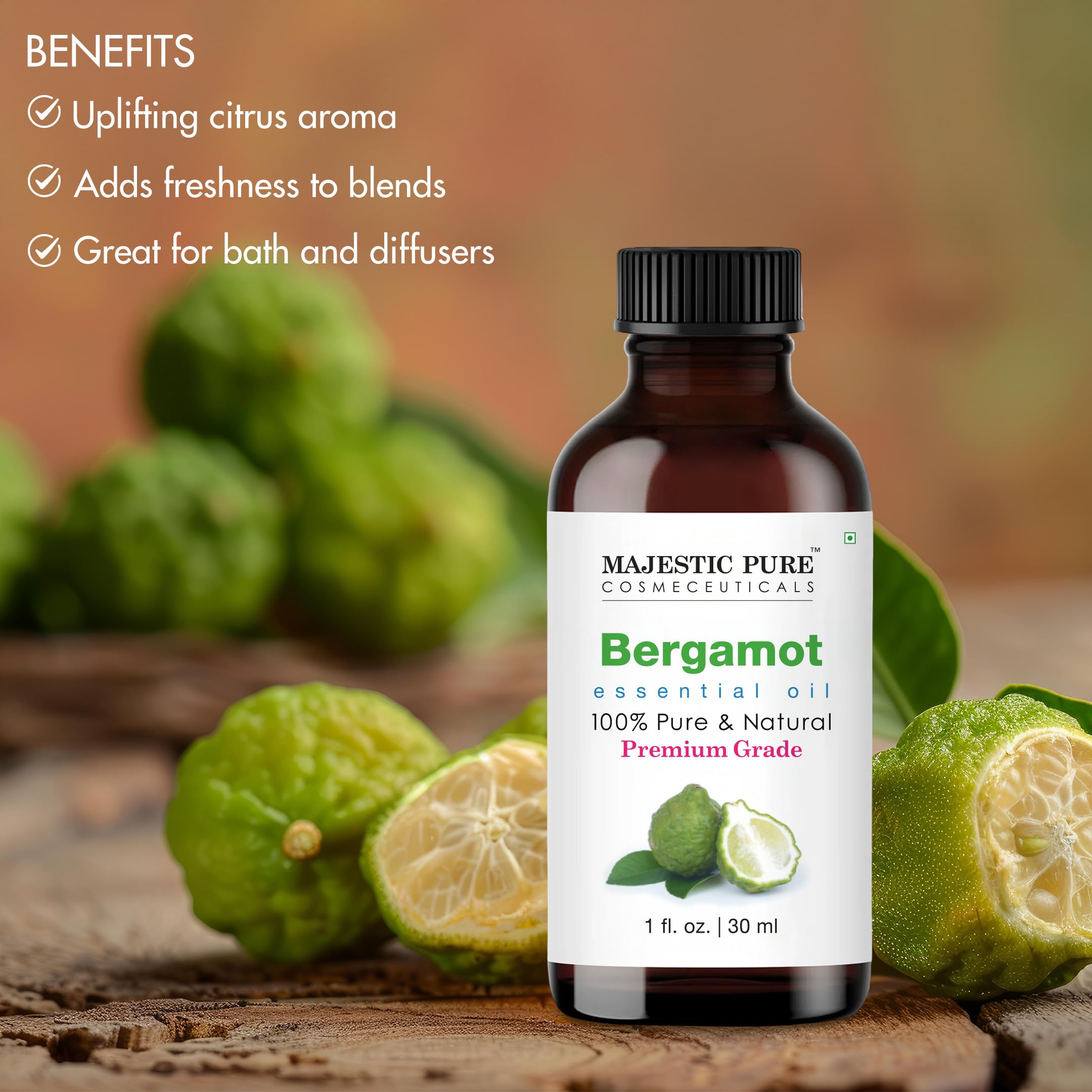 Majestic Pure Bergamot Essential Oil - 1 Fl Oz with Glass Dropper | 100% Pure & Natural