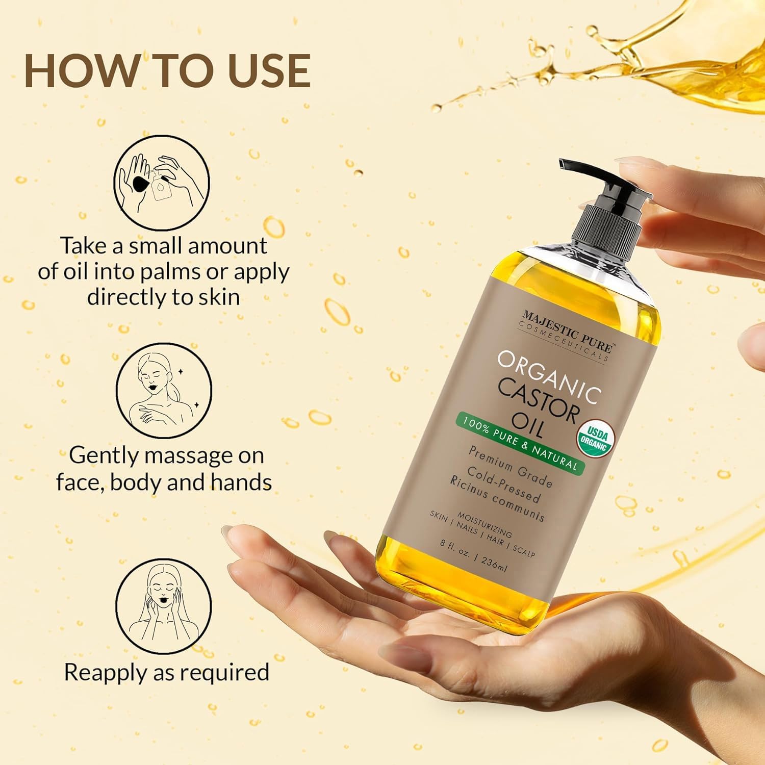 Majestic Pure Organic Castor Oil – 100% Pure, Cold-Pressed, Hexane Free – 8oz