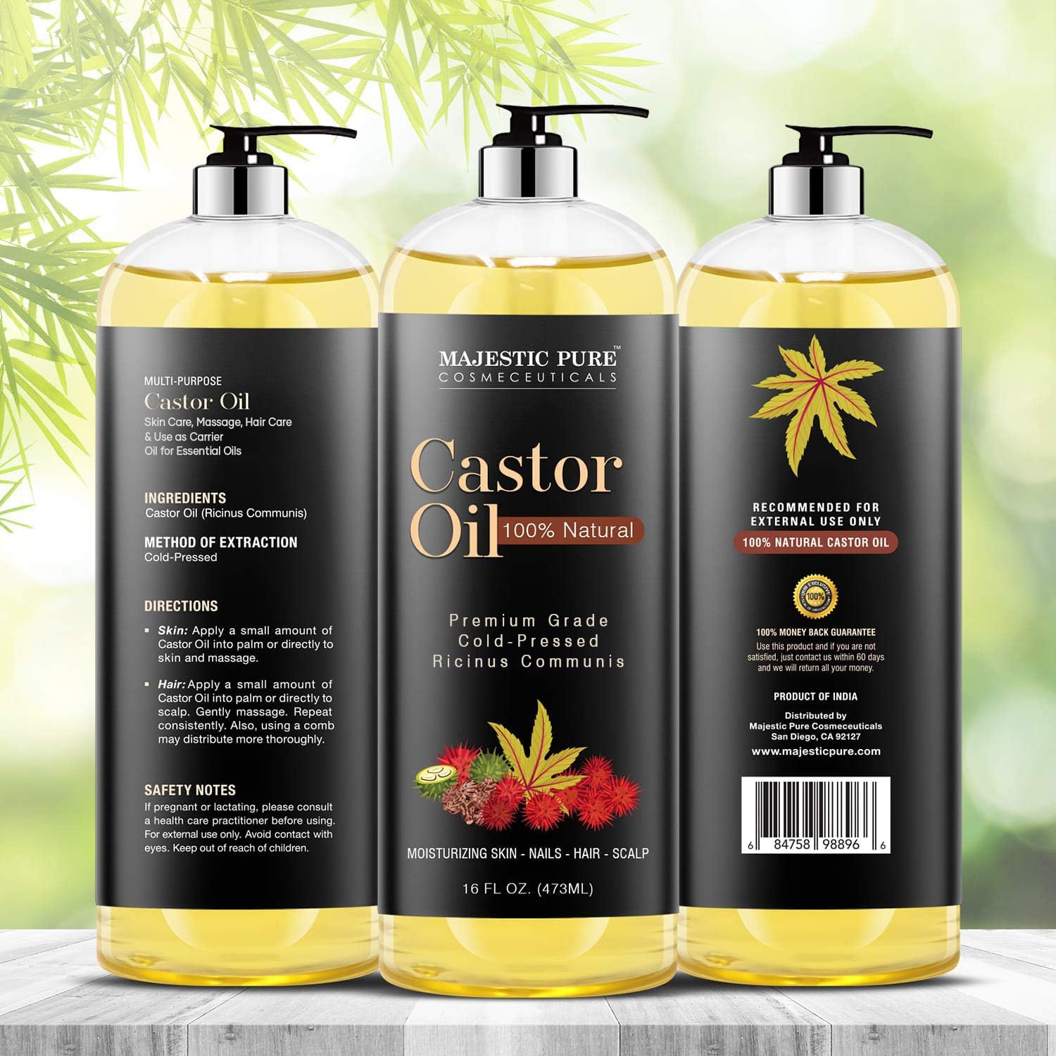 Majestic Pure Castor Oil 16 oz – 100% Pure, Cold-Pressed, Hexane-Free