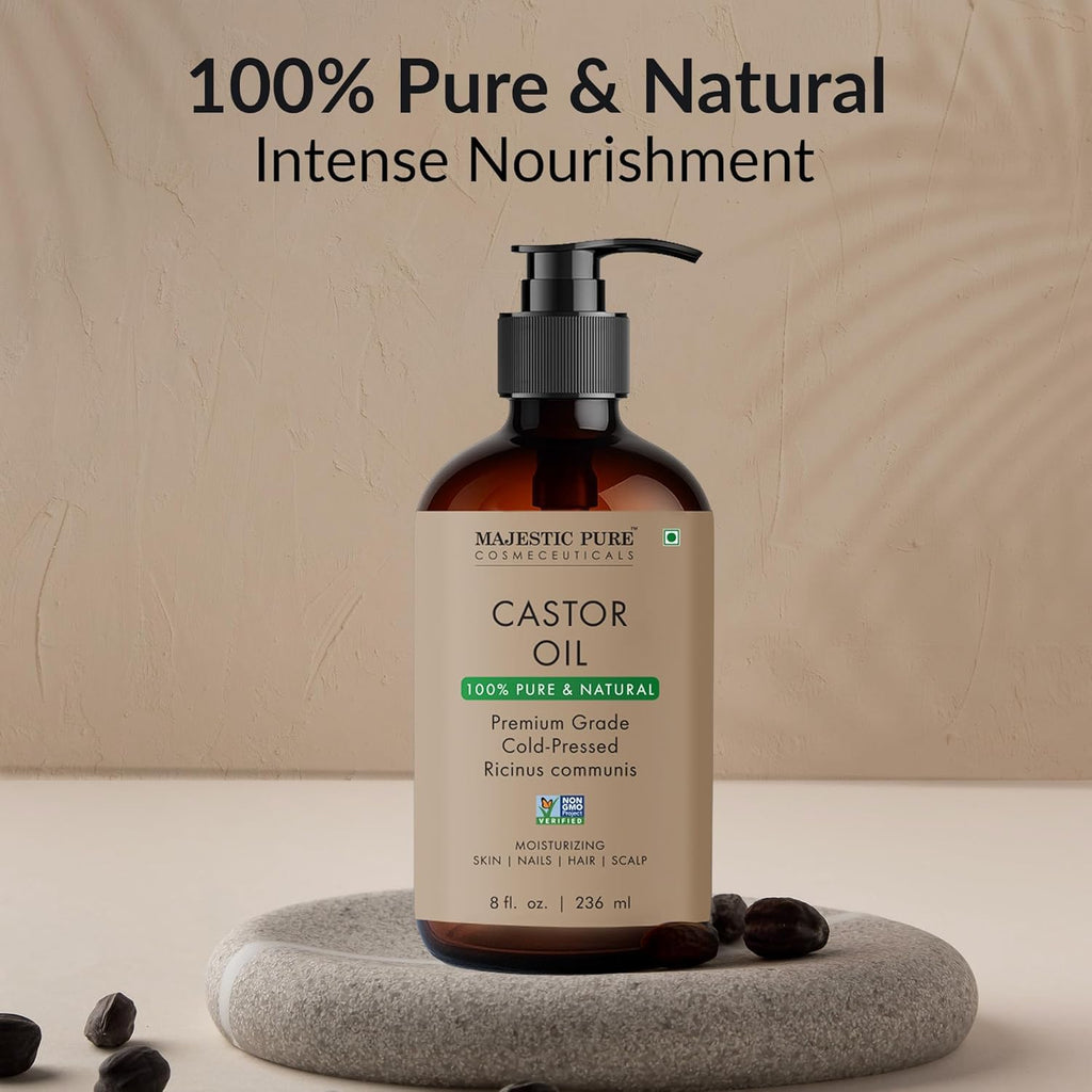 Majestic Pure Castor Oil - Glass Bottle, 8 fl oz | 100% Pure & Natural, Cold-Pressed, Hexane Free, For Hair, Eyelashes, Eyebrows, Nails