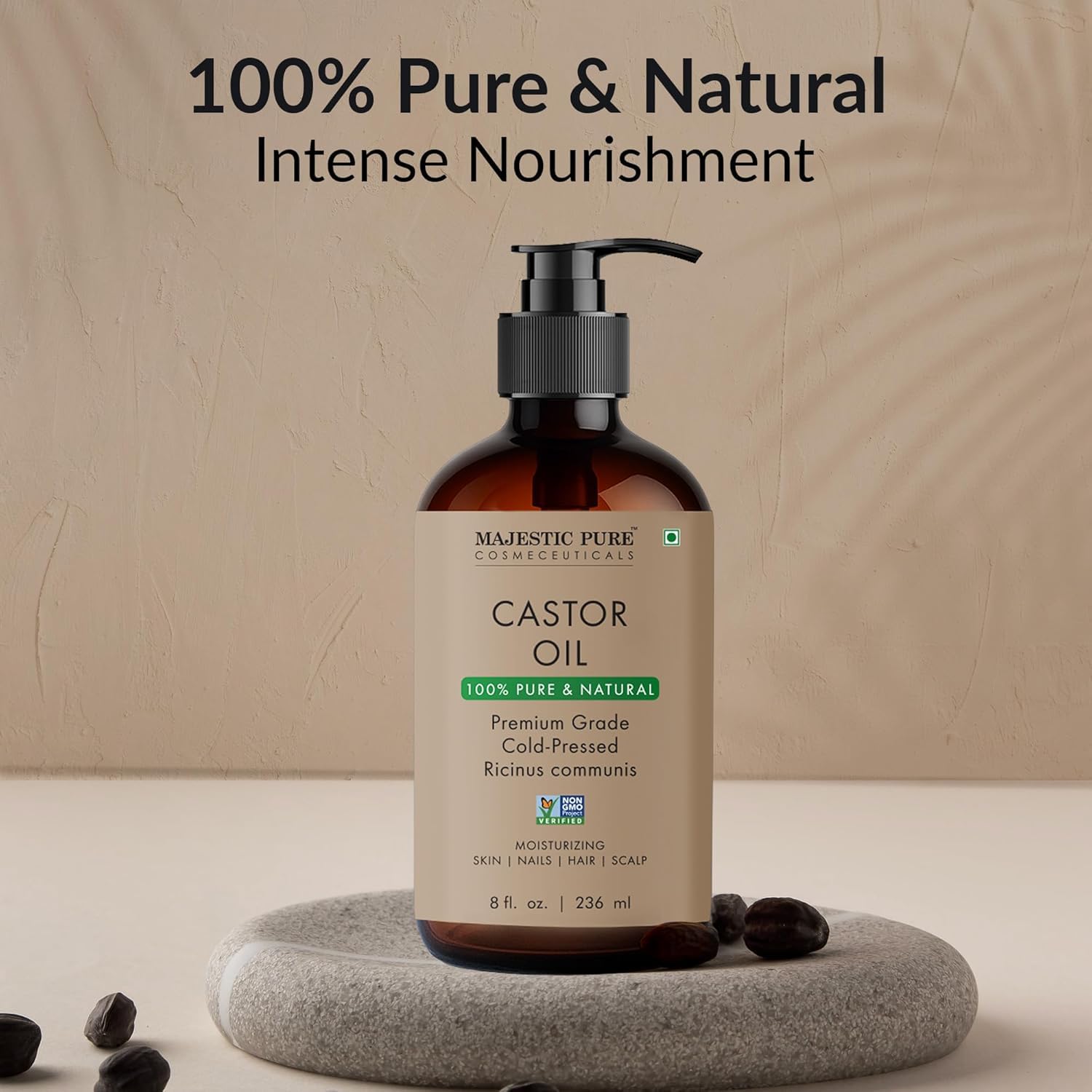 Majestic Pure Castor Oil - Glass Bottle, 8 fl oz | 100% Pure & Natural, Cold-Pressed, Hexane Free, For Hair, Eyelashes, Eyebrows, Nails