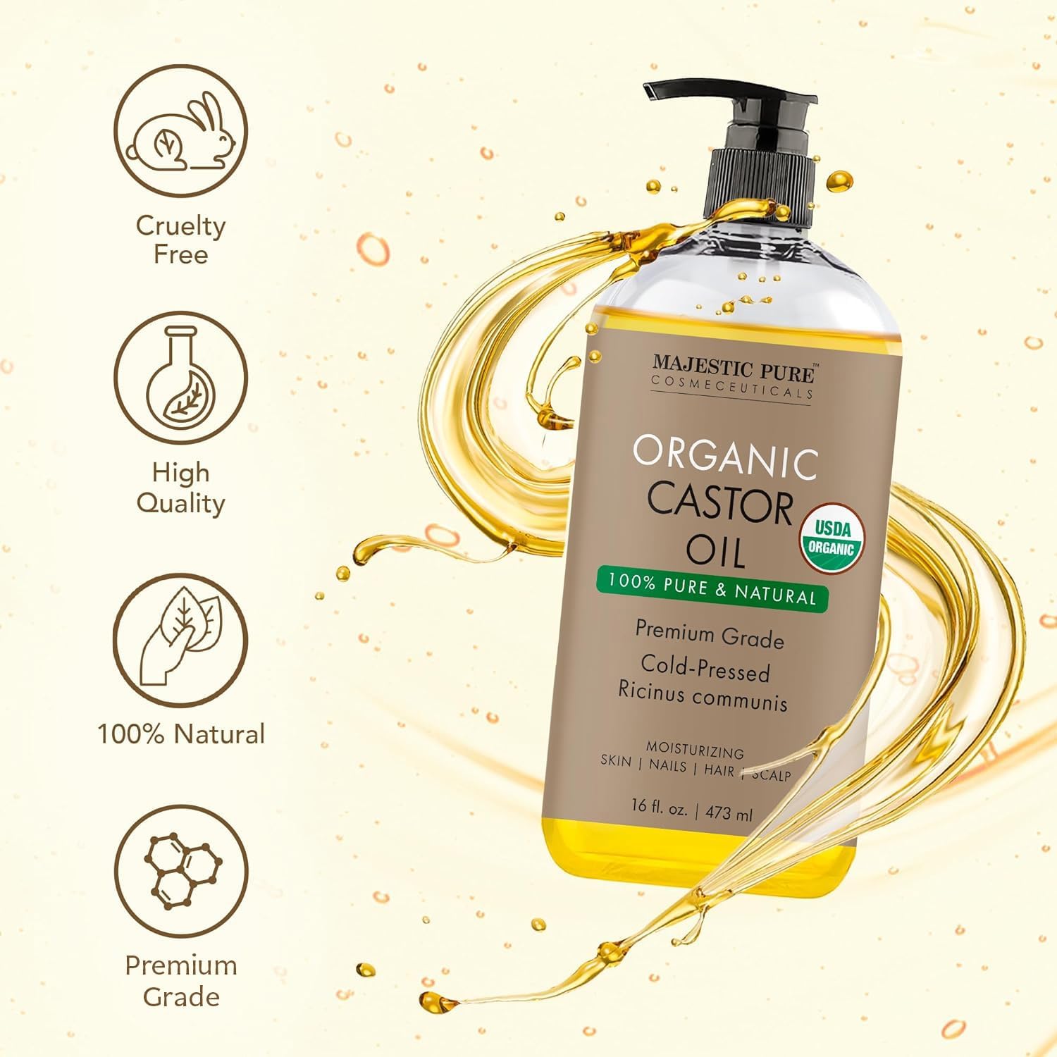 Majestic Pure USDA Organic Castor Oil - 16 Fl Oz | 100% Pure & Natural, Cold Pressed, Hexane Free