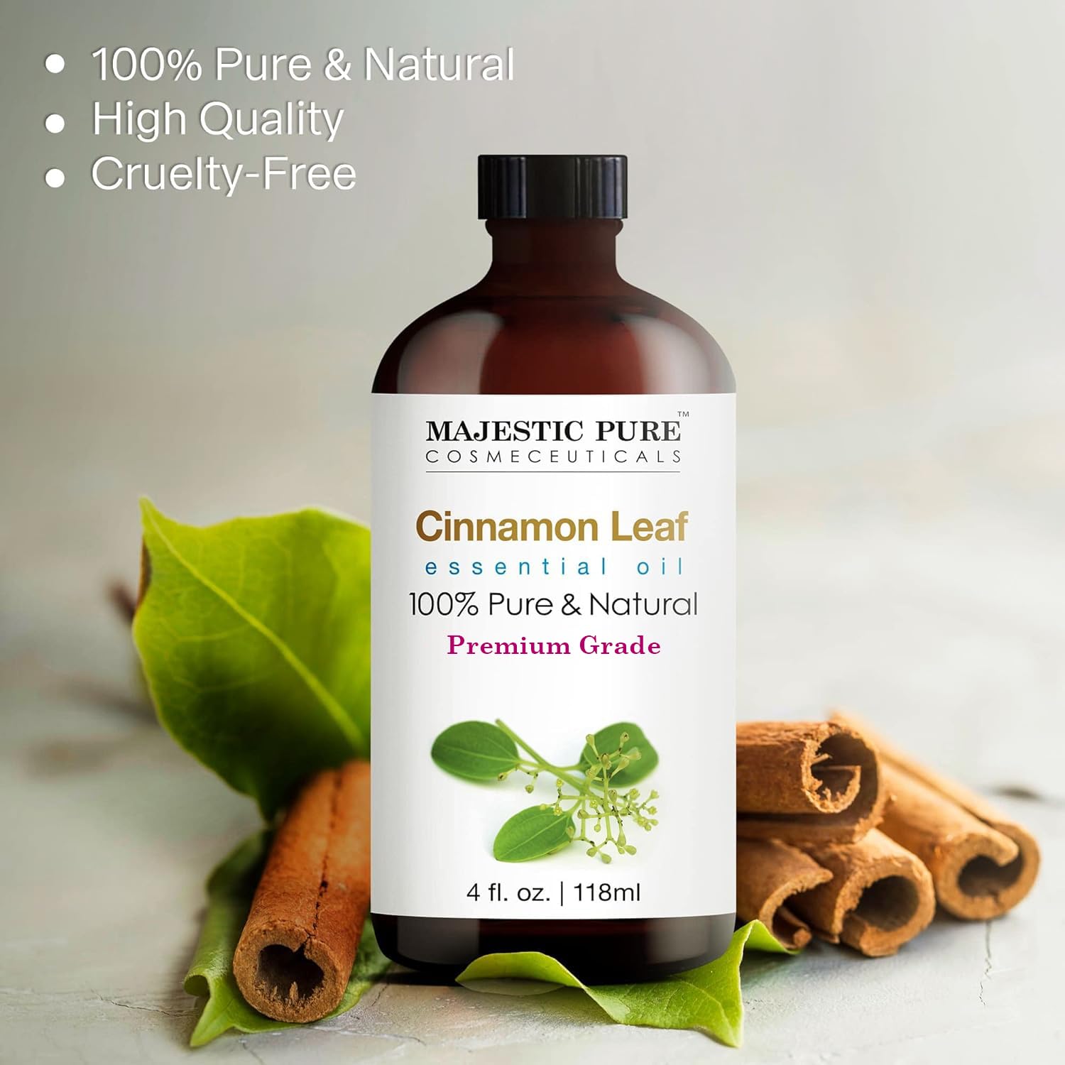 Majestic Pure Cinnamon Essential Oil - 4 Fl Oz, 100% Pure & Natural, Glass Dropper
