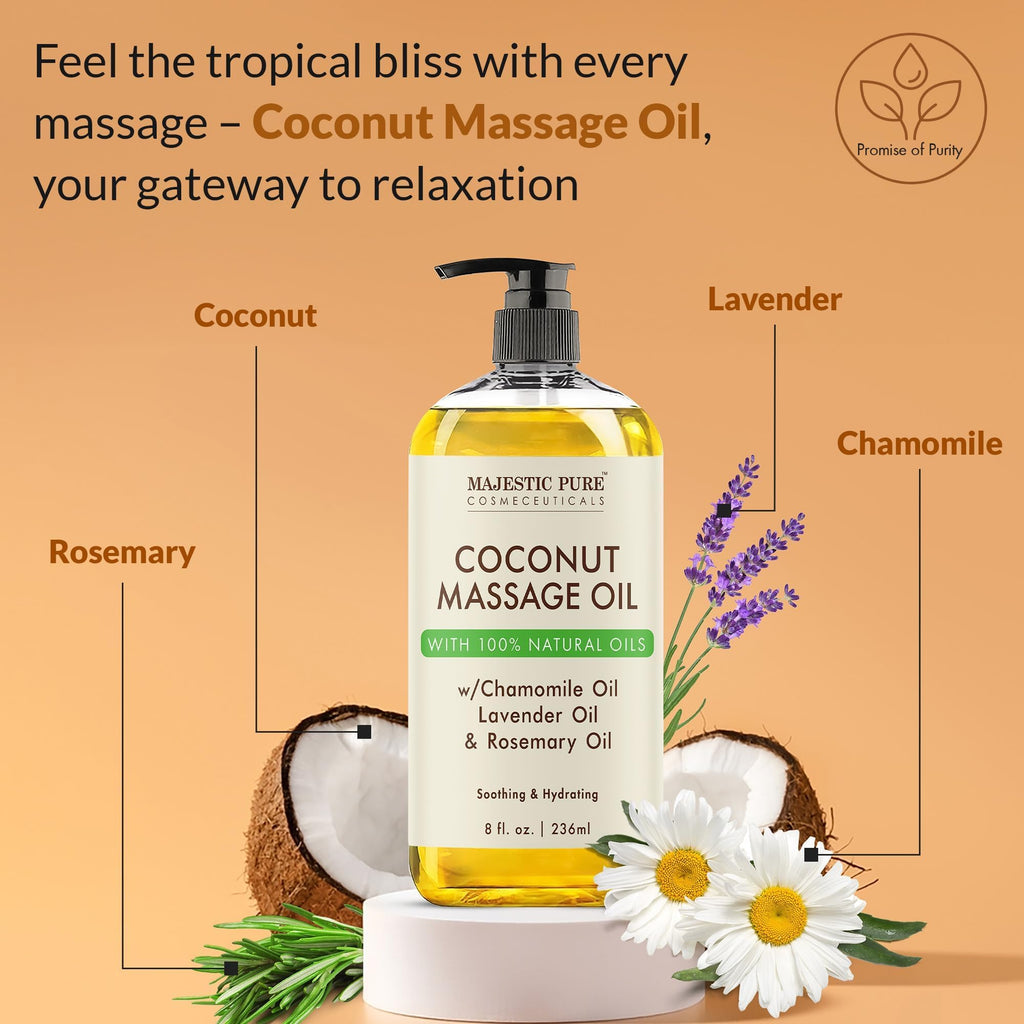 MAJESTIC PURE Coconut Massage Oil – Massage Therapy Oil for All Skin Types (8 fl oz)
