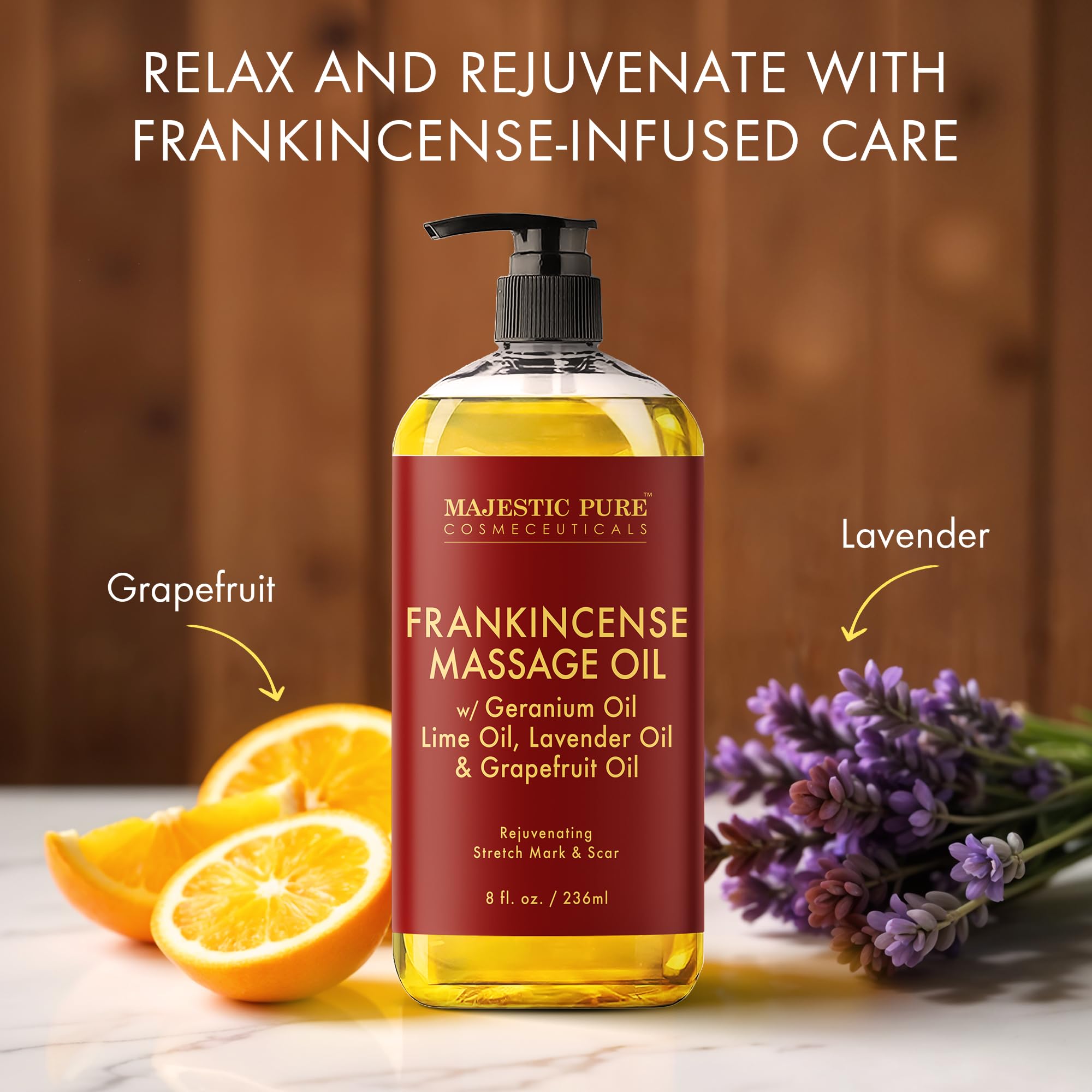 MAJESTIC PURE Frankincense Scar & Stretch Massage Oil – All Skin Types, 8 fl oz