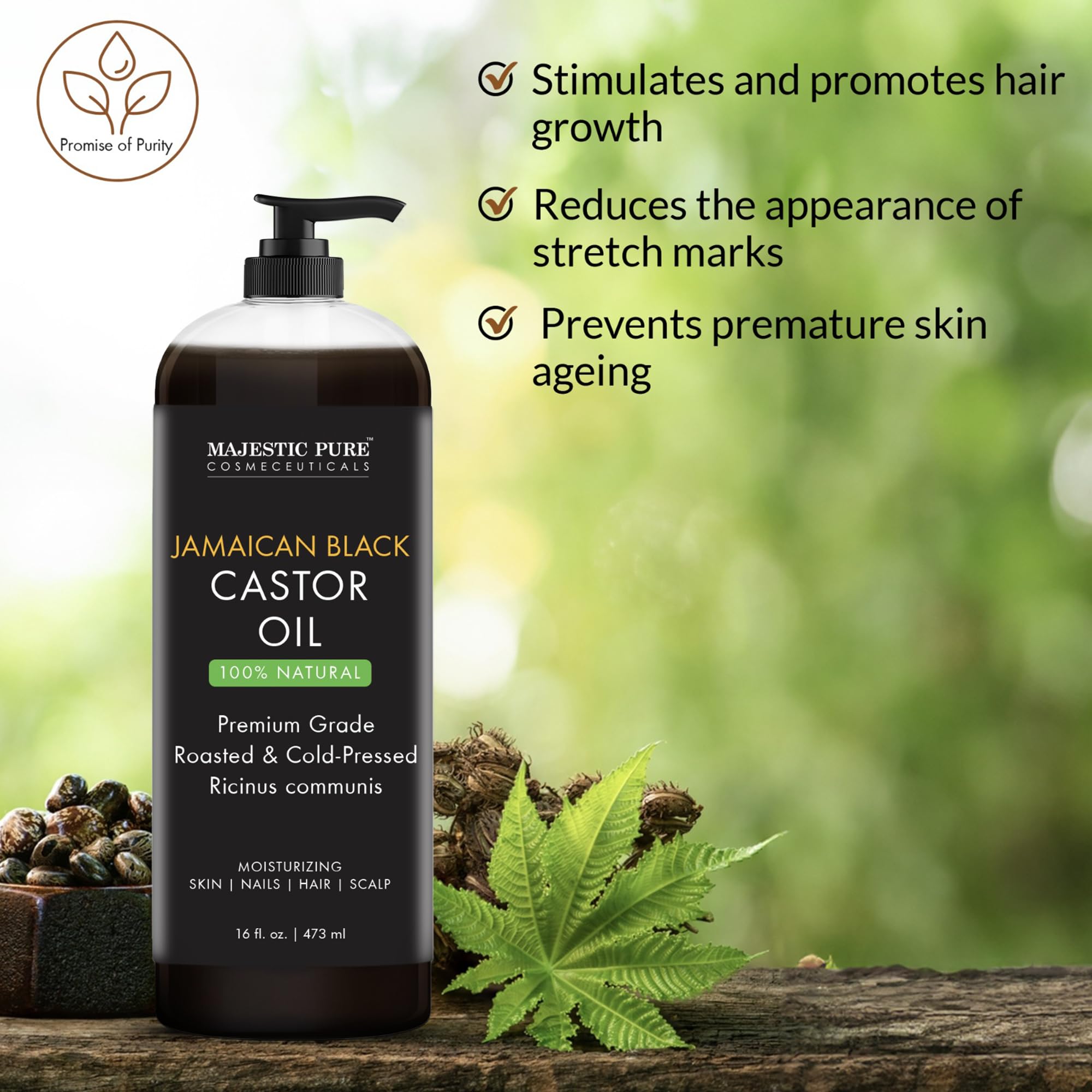 MAJESTIC PURE Jamaican Black Castor Oil – 16 oz, Non-GMO, Hair Care & Nourishing
