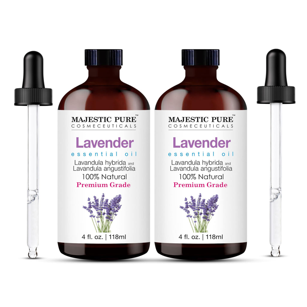 Majestic Pure Lavender Essential Oil (4 Oz x 2) – 100% Pure & Natural with Glass Dropper