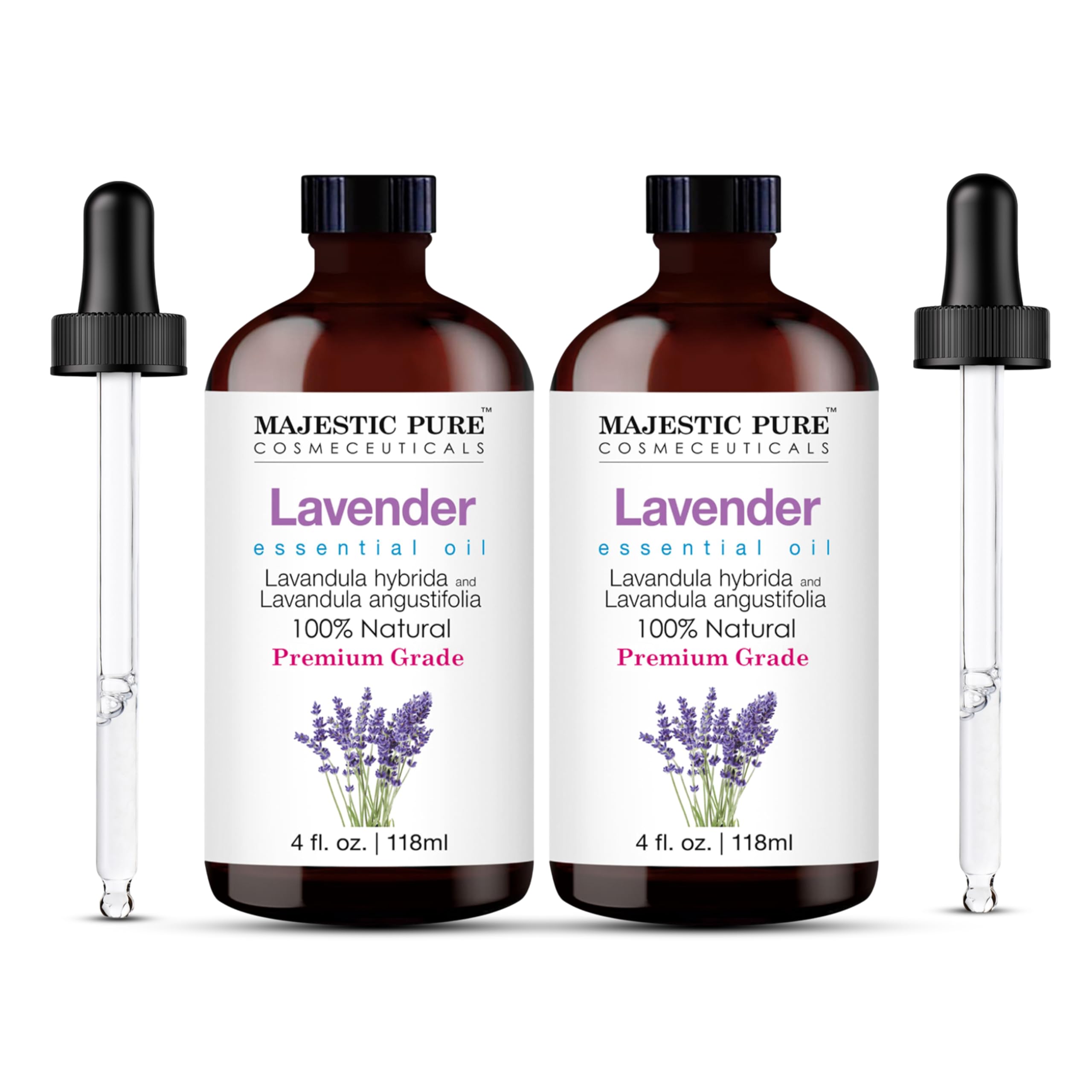 Majestic Pure Lavender Essential Oil (4 Oz x 2) – 100% Pure & Natural with Glass Dropper