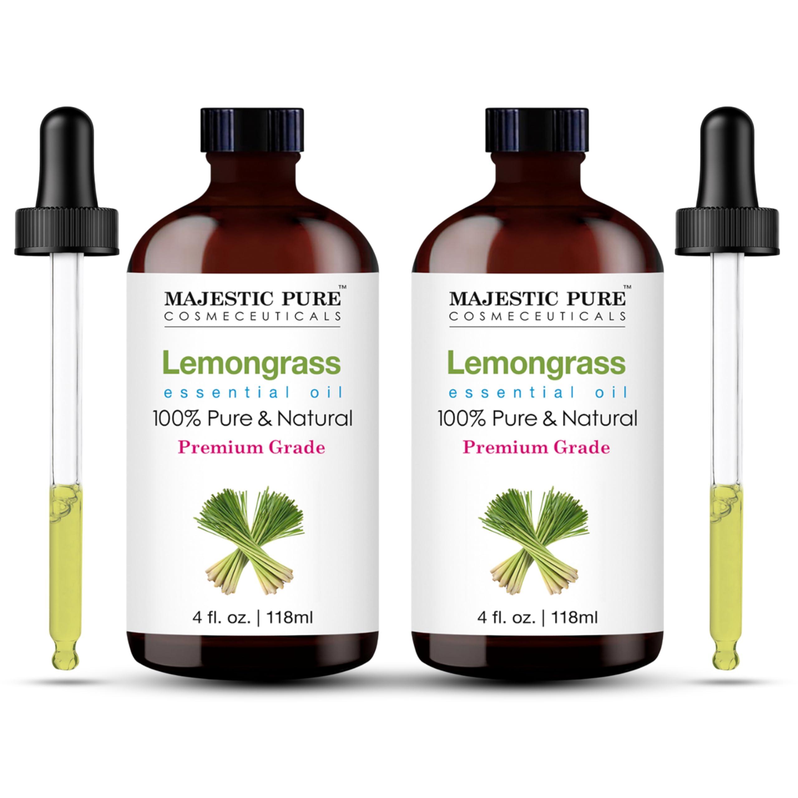 Majestic Pure Lemongrass Essential Oil - 100% Pure & Natural, Glass Dropper, 4 Fl Oz (Pack of 2)