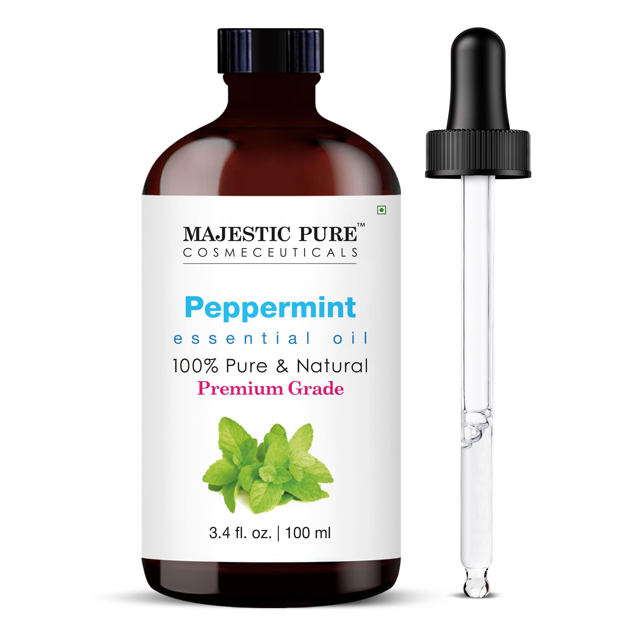 Majestic Pure Peppermint Essential Oil 3.4 Fl Oz - 100% Pure & Natural with Glass Dropper