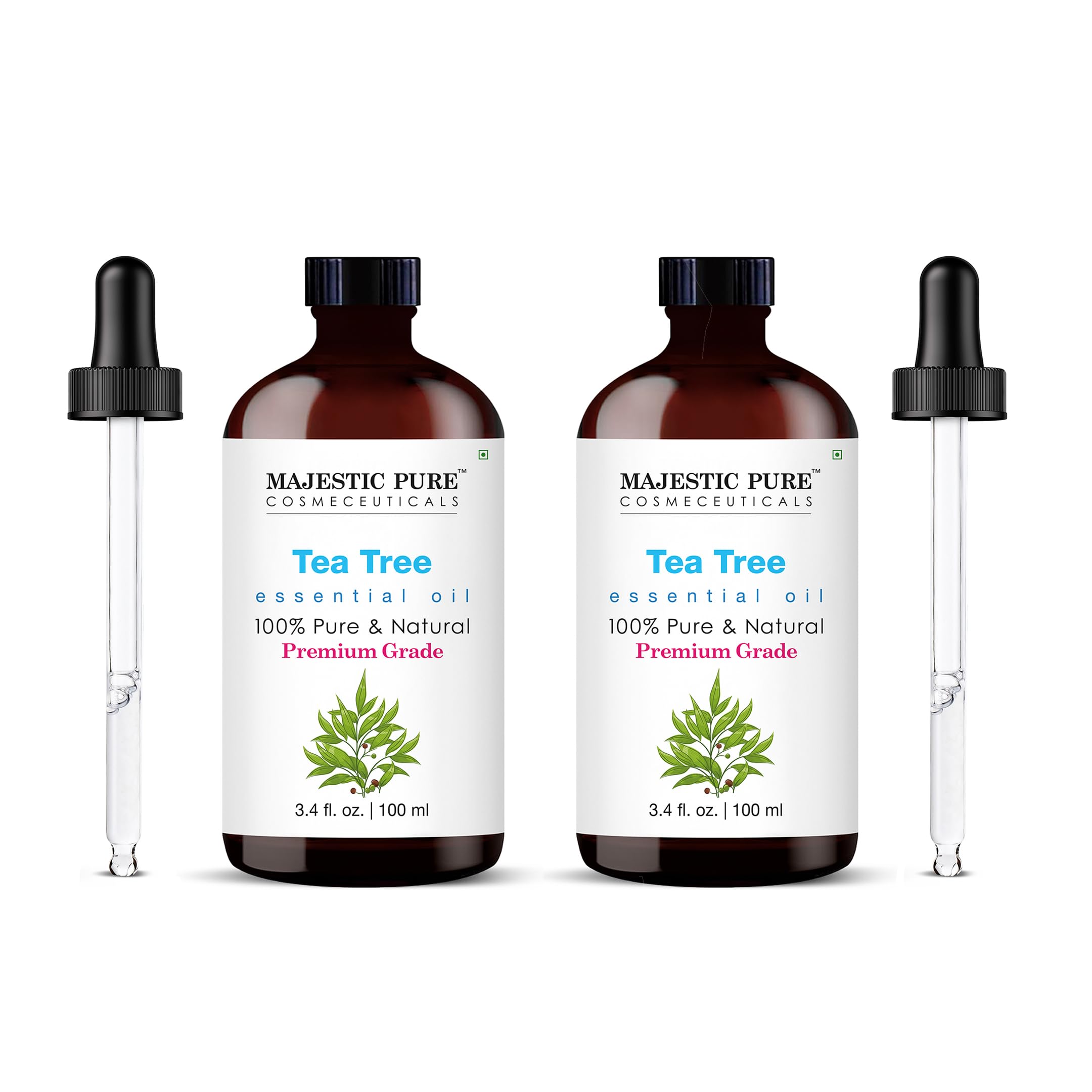 Majestic Pure Tea Tree Essential Oil – 100% Pure & Natural, Glass Dropper, 3.4 Fl Oz Pack of 2