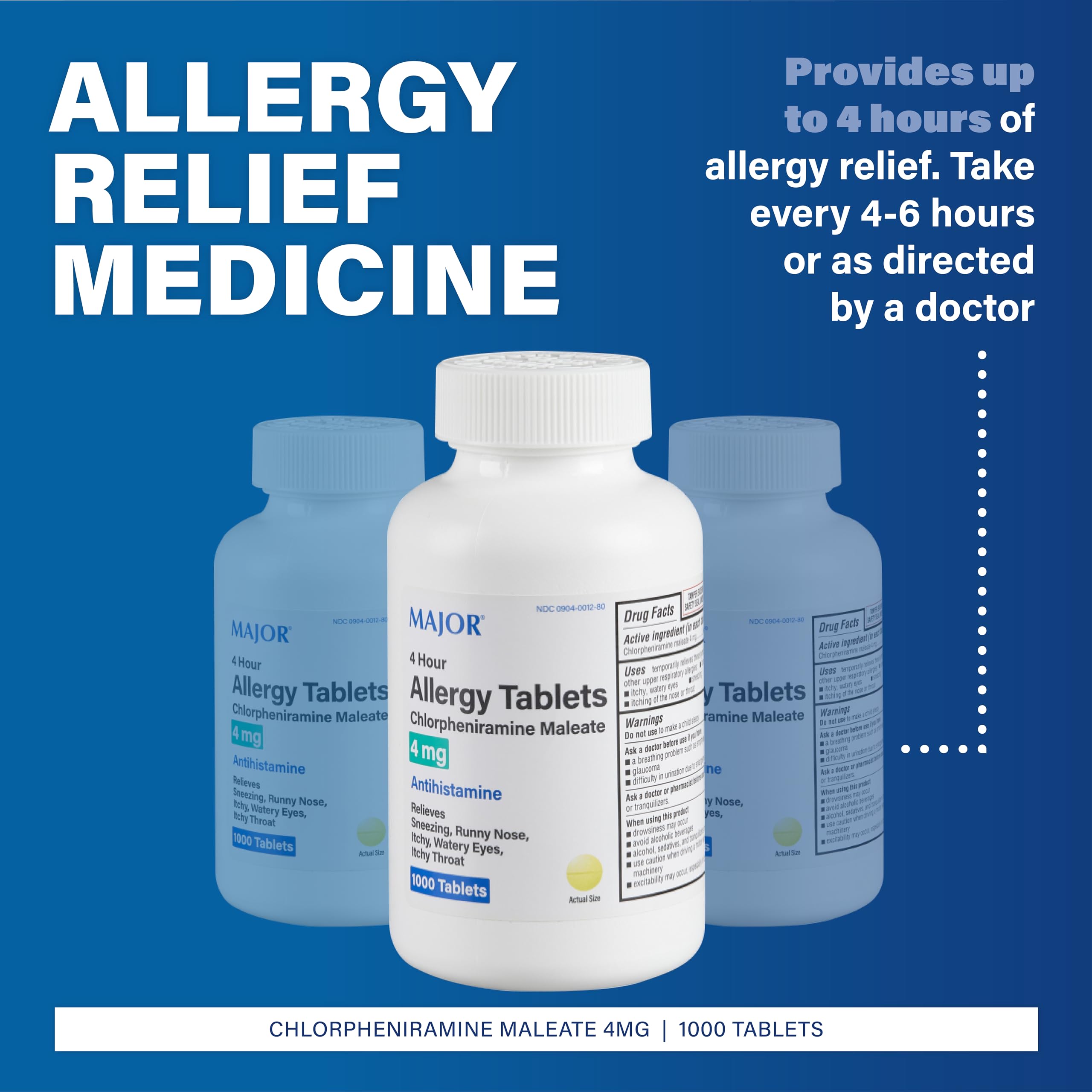 MAJOR 4 Hour Allergy Tablets – Chlorpheniramine 4 mg, 1000 Count