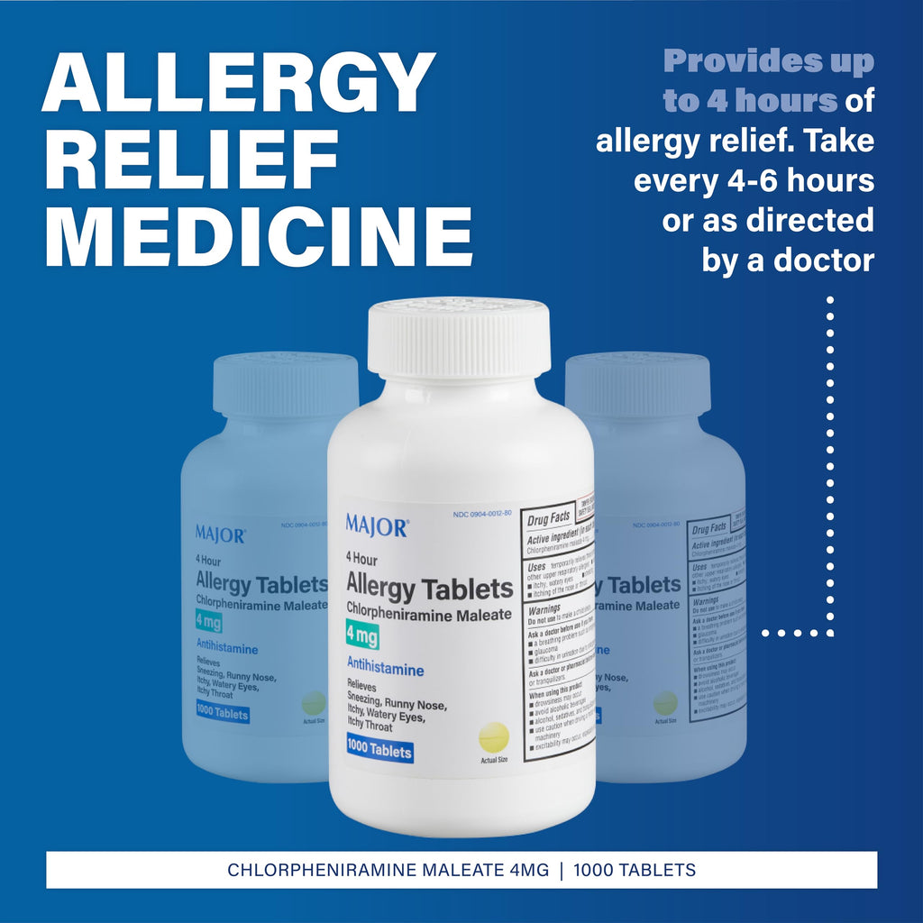 MAJOR 4 Hour Allergy Tablets – Chlorpheniramine 4 mg, 1000 Count