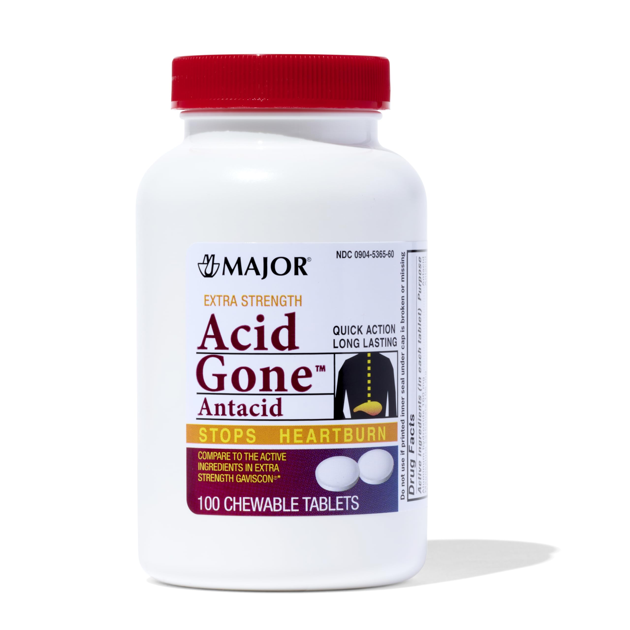 MAJOR Acid Gone Extra Strength Antacid Chewable Tablets | Heartburn & Indigestion Relief for Adults (100 Count)