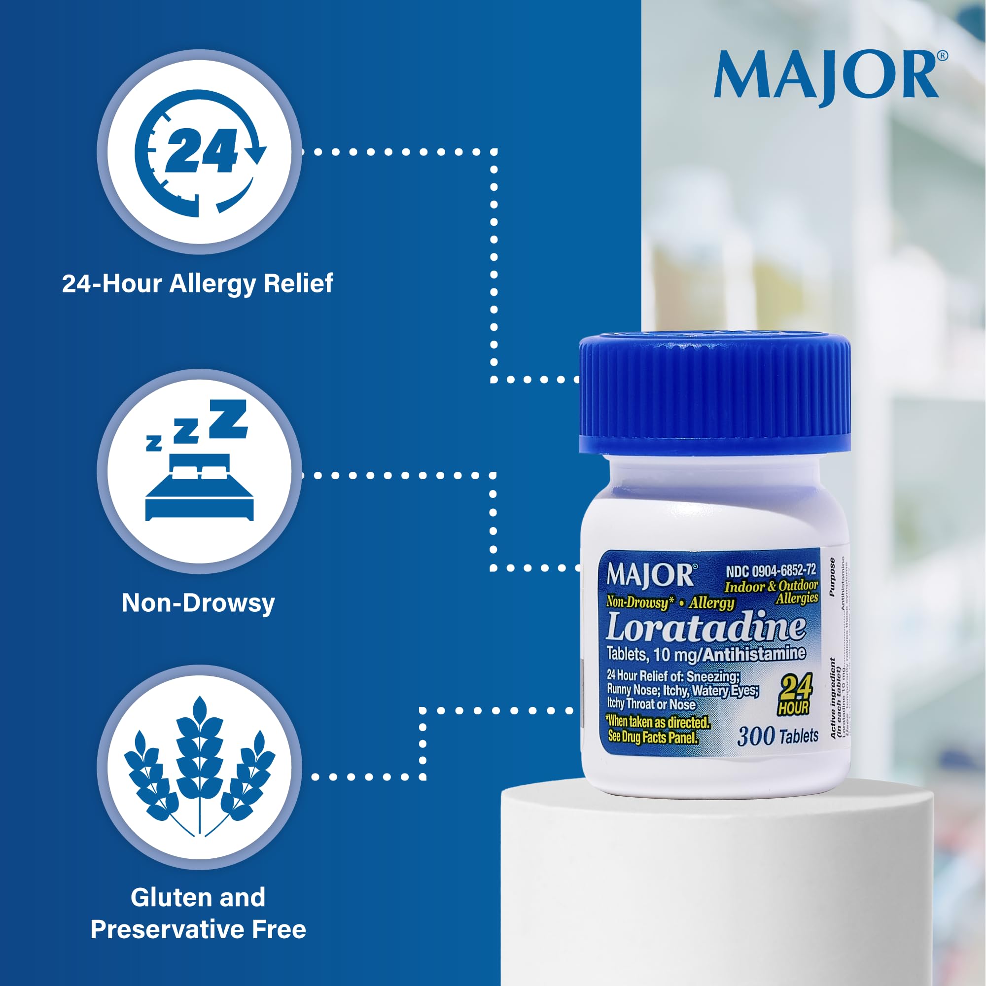 MAJOR Allergy Loratadine 10 mg Tablets – Non-Drowsy 24-Hour Relief (Adults & Kids 6+) | 300 Tablets