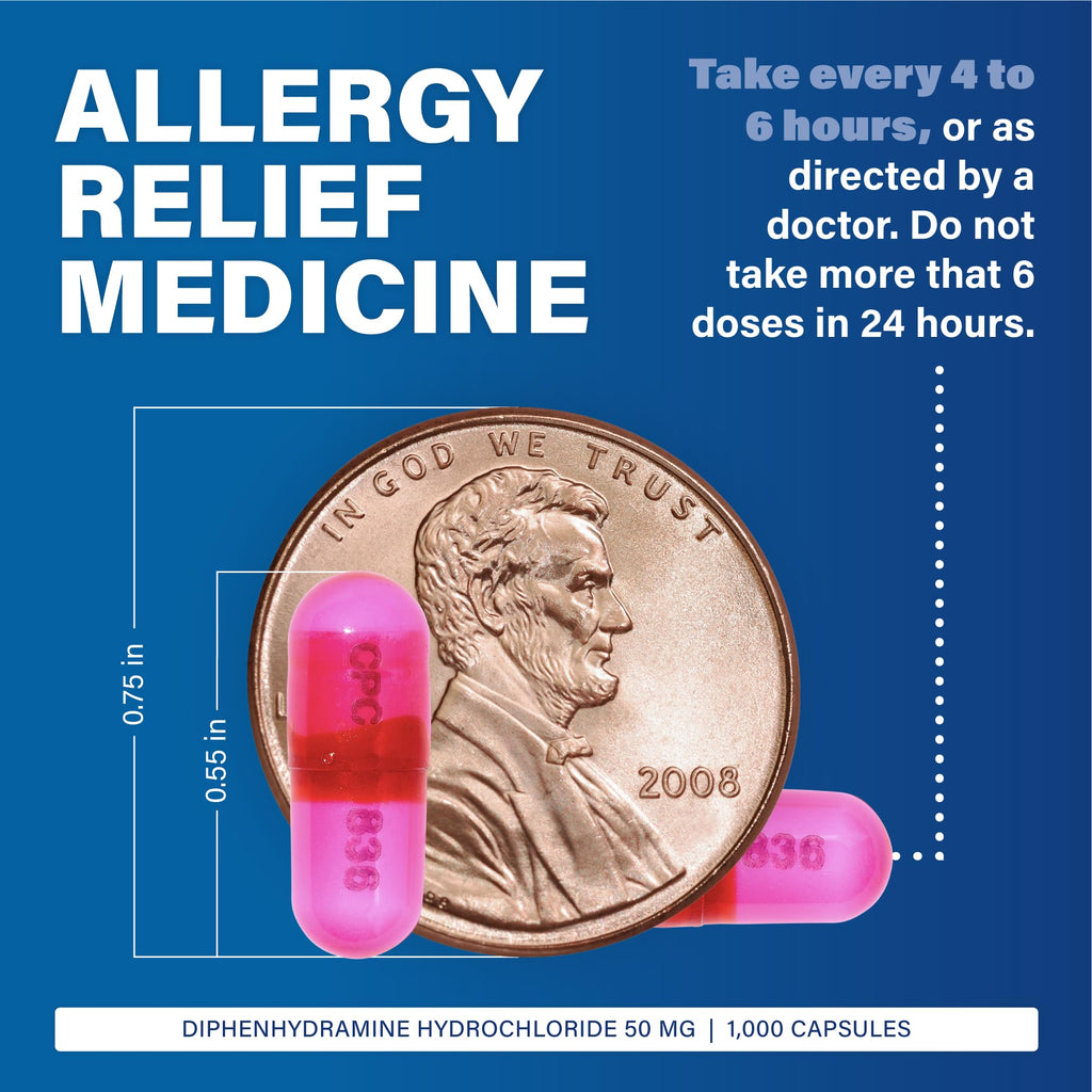 MAJOR Banophen Diphenhydramine HCl 50 mg Capsules – Temporary Allergy Relief (1000 Count)