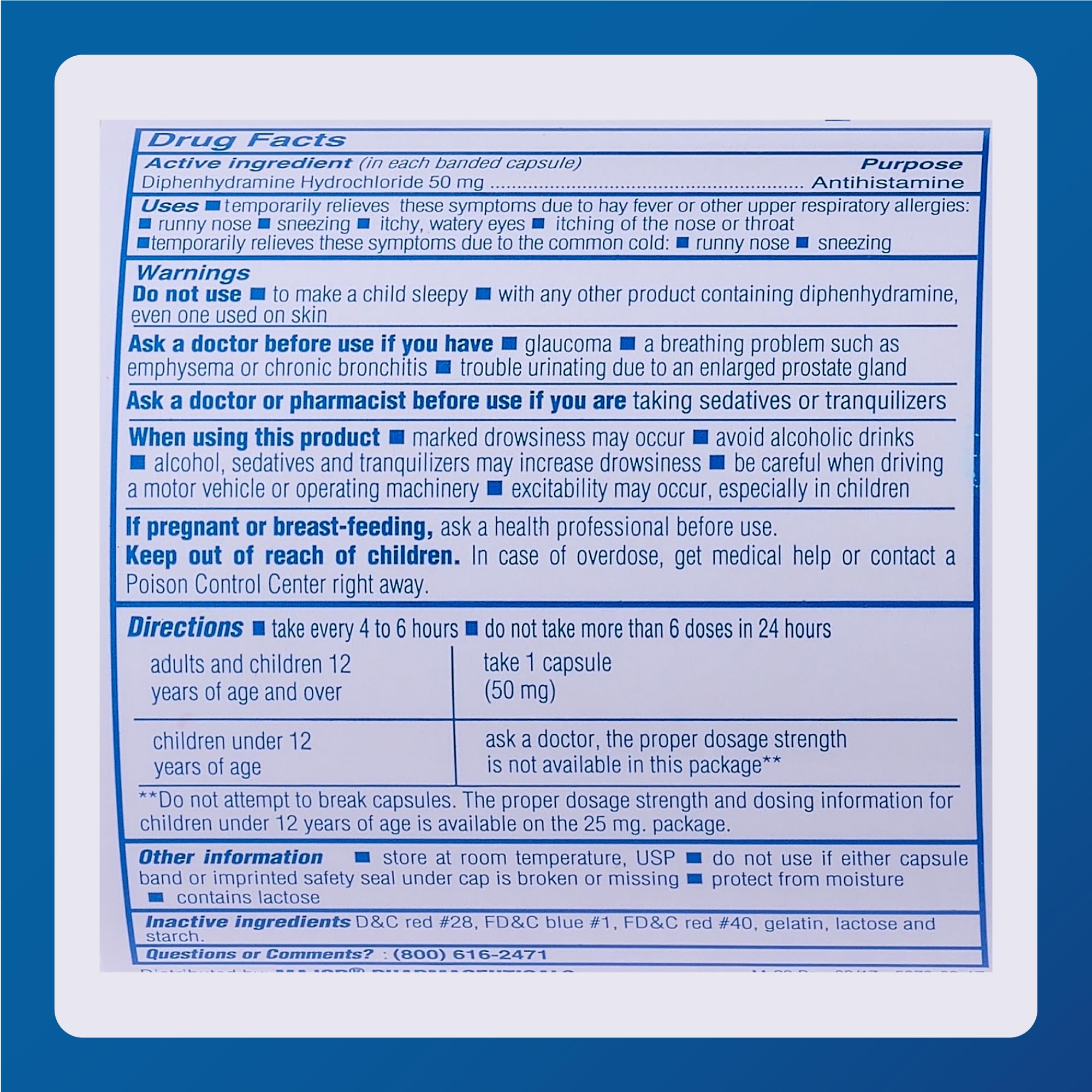 MAJOR Banophen Diphenhydramine HCl 50 mg Capsules – Temporary Allergy Relief (1000 Count)