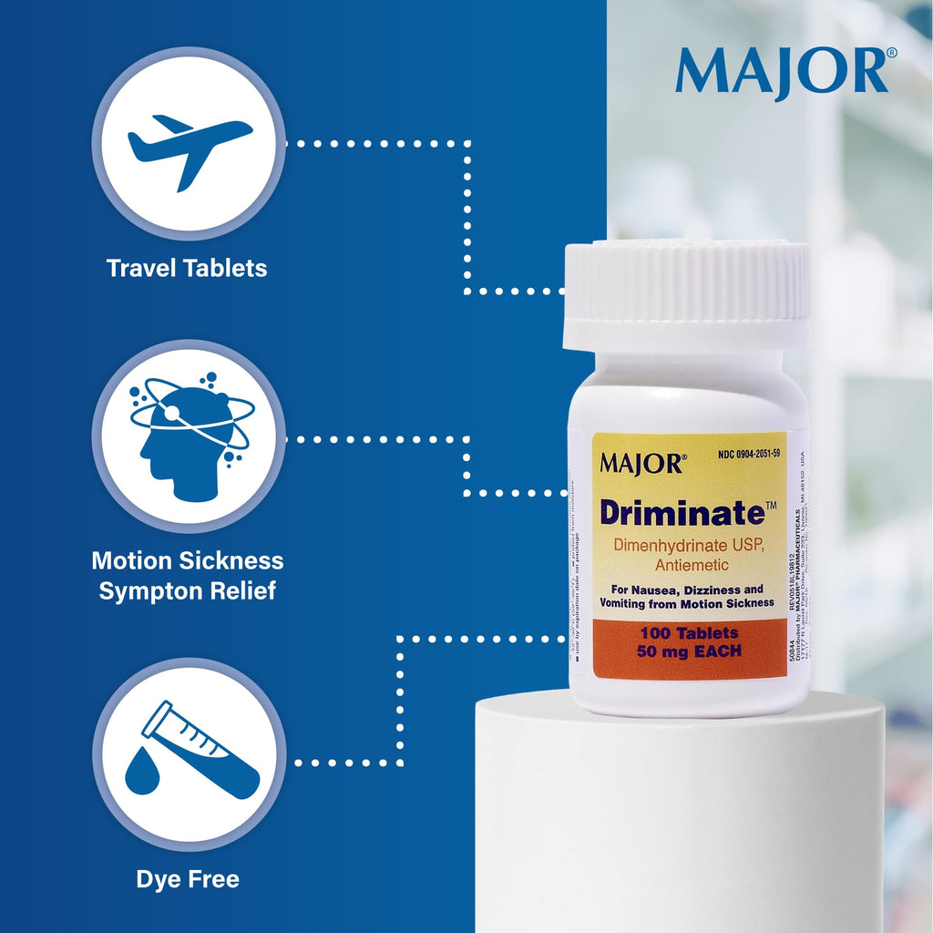 MAJOR Driminate - 50mg Dimenhydrinate Motion Sickness Tablets, 100 Count (3 Pack)