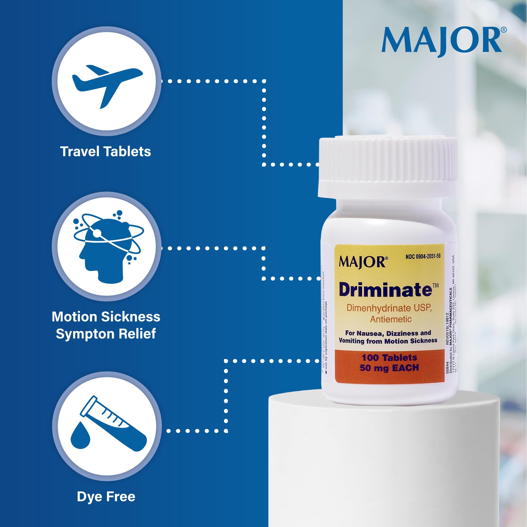 MAJOR Driminate Dimenhydrinate 50mg Motion Sickness Tablets – 100 Count