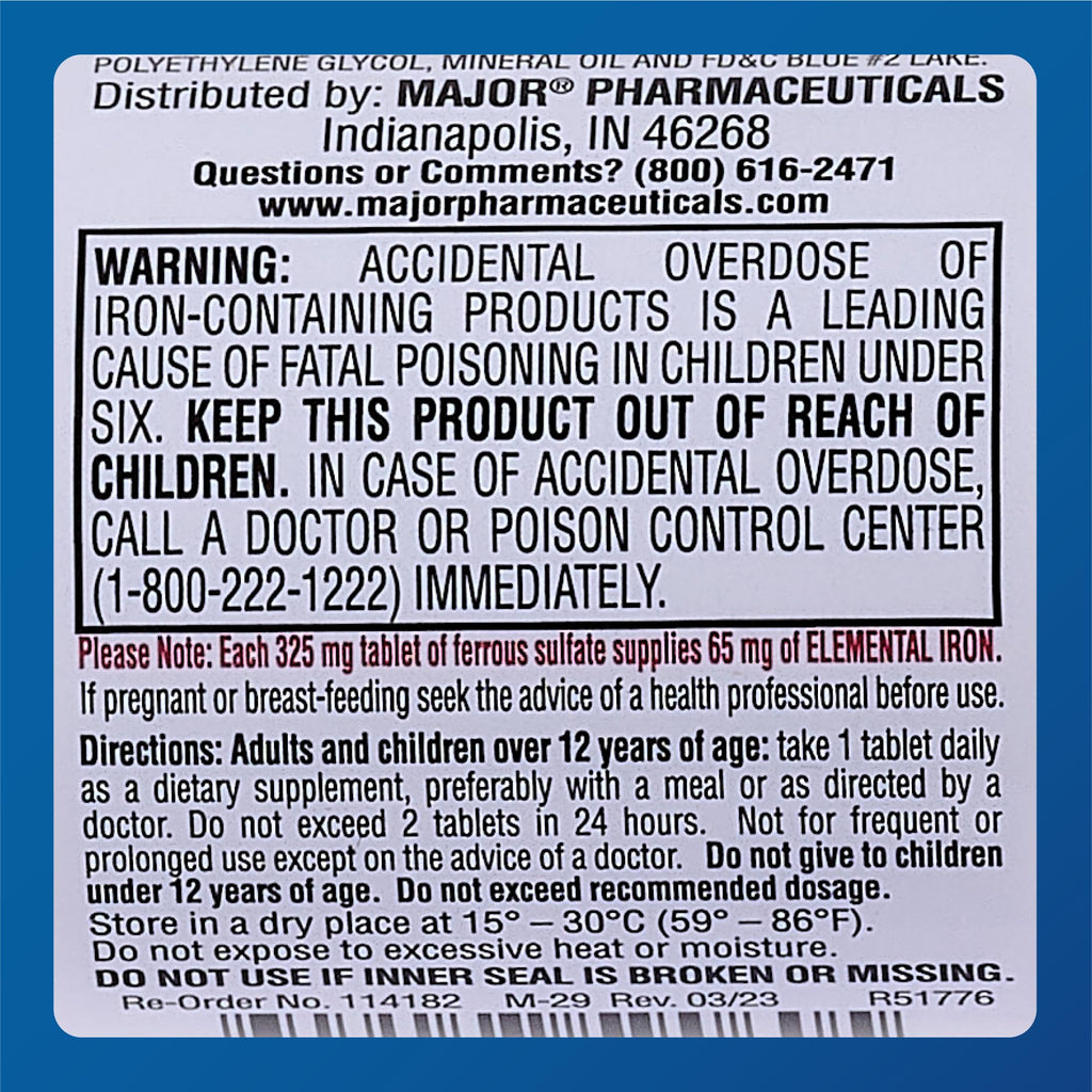 Major Ferosul Ferrous Sulfate 325mg Tablets with 65mg Elemental Iron – Iron Supplement for Women & Men – Red – 100 Count (6 Pack)