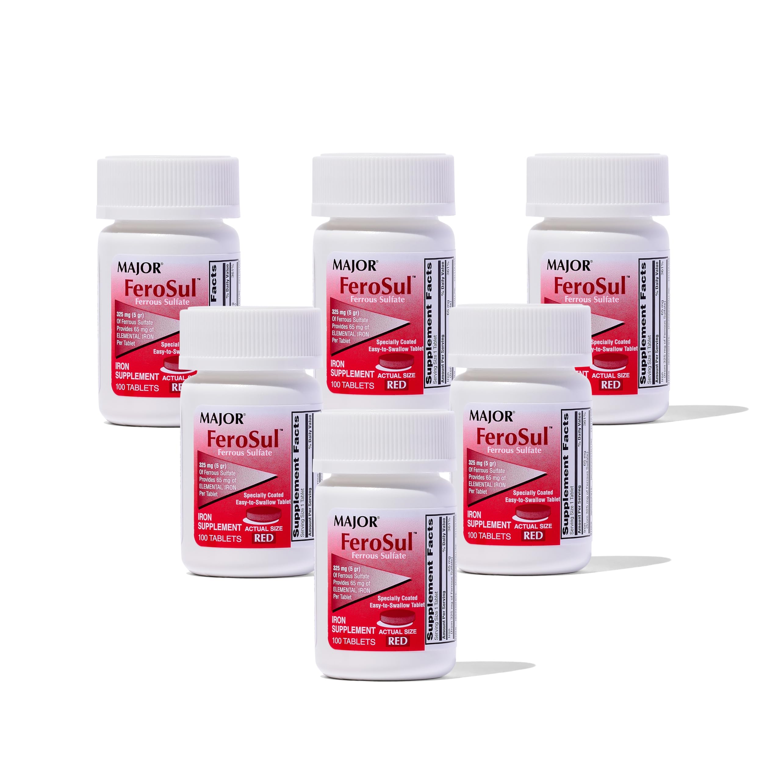 Major Ferosul Ferrous Sulfate 325mg Tablets with 65mg Elemental Iron – Iron Supplement for Women & Men – Red – 100 Count (6 Pack)