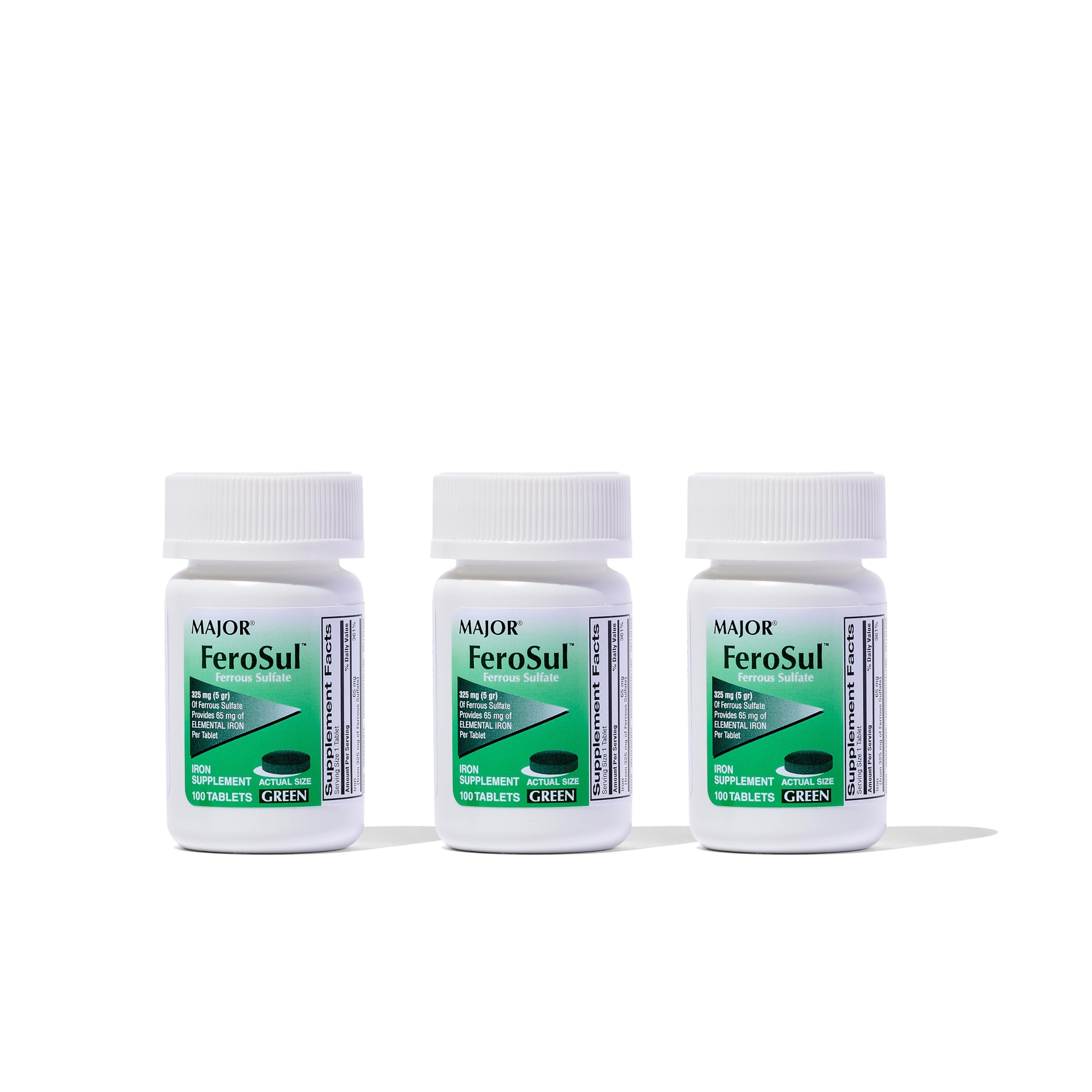 Major Ferosul Ferrous Sulfate 325mg | 65mg Elemental Iron | 100 Count (3 Pack)