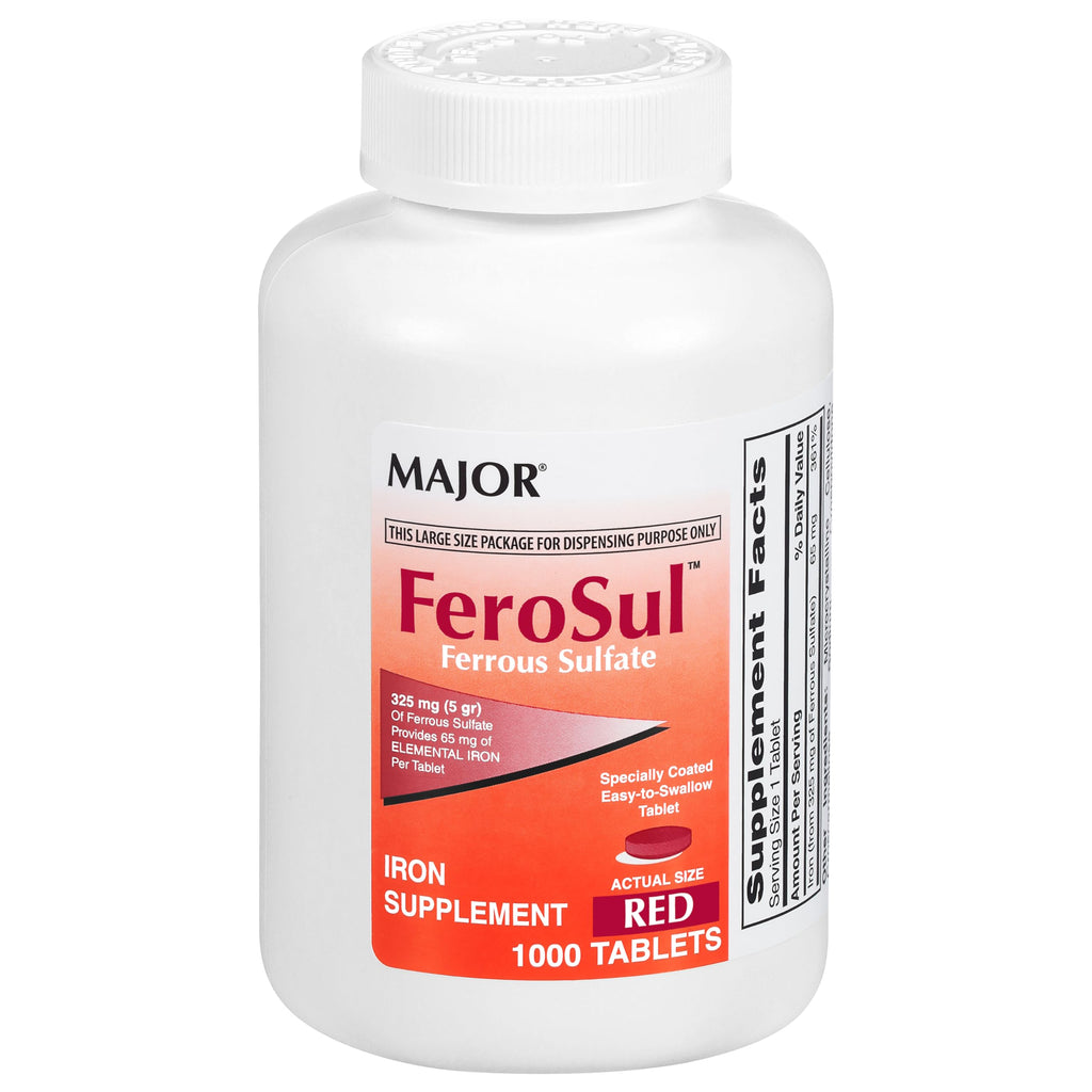Major FeroSul Ferrous Sulate 325 mg – Iron Supplement for Women & Men, Easy-to-Swallow Red Tablets, 1000 Count