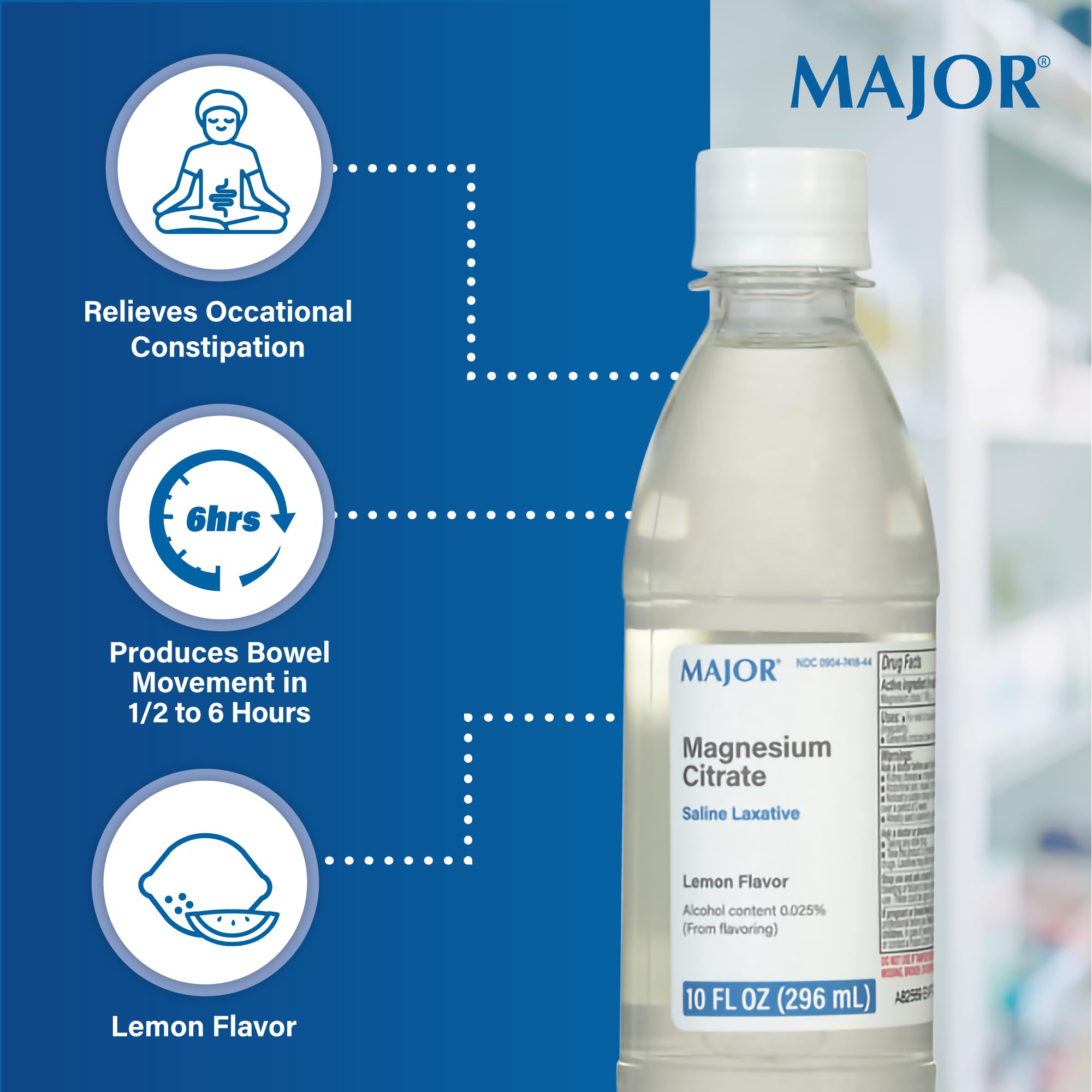 Major Magnesium Citrate Saline Laxative – Lemon Flavor, 10 oz (6 Pack)