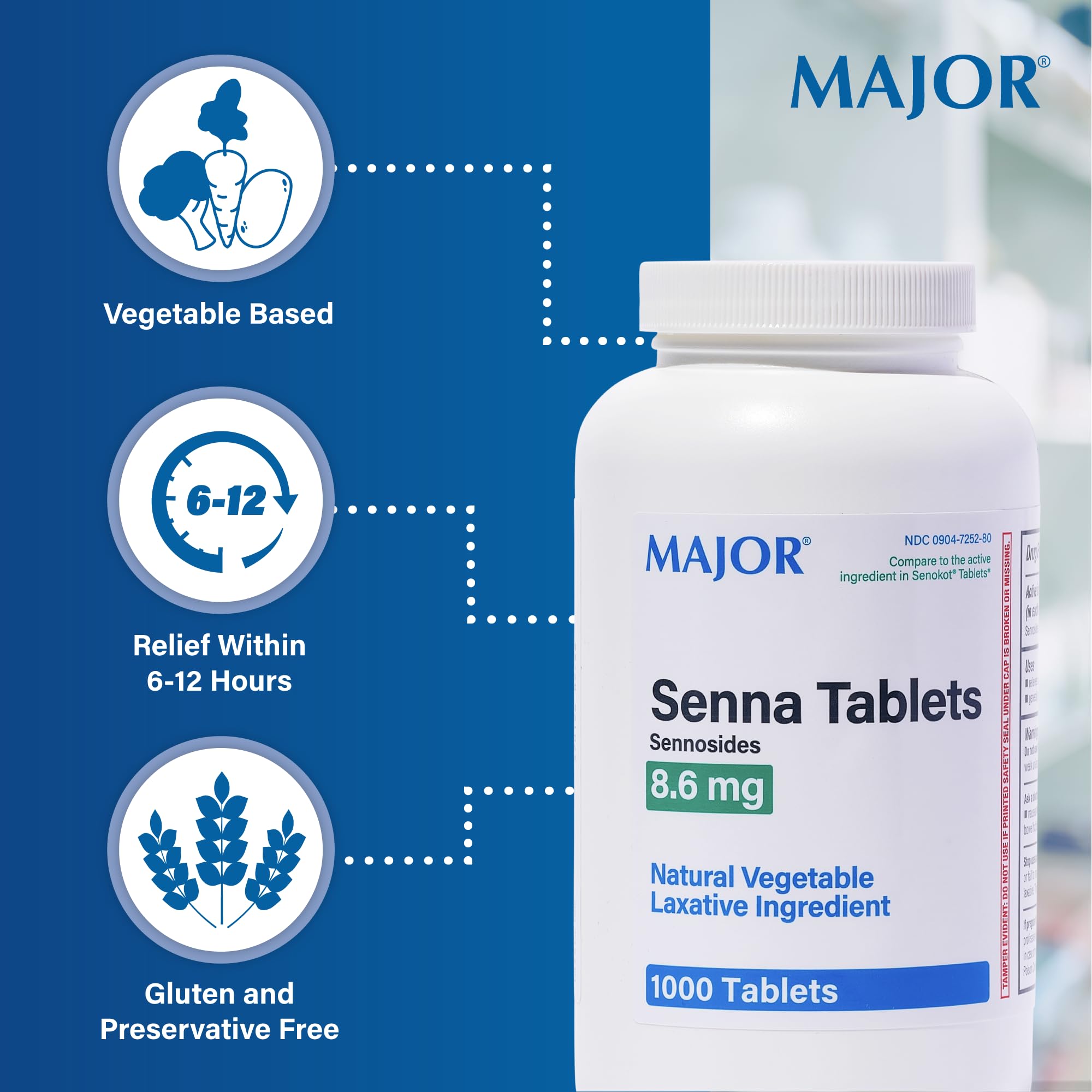 MAJOR Senna 8.6 mg Natural Vegetable Laxative Tablets - 1000-Count (1-Pack) | Gentle Plant-Based Relief