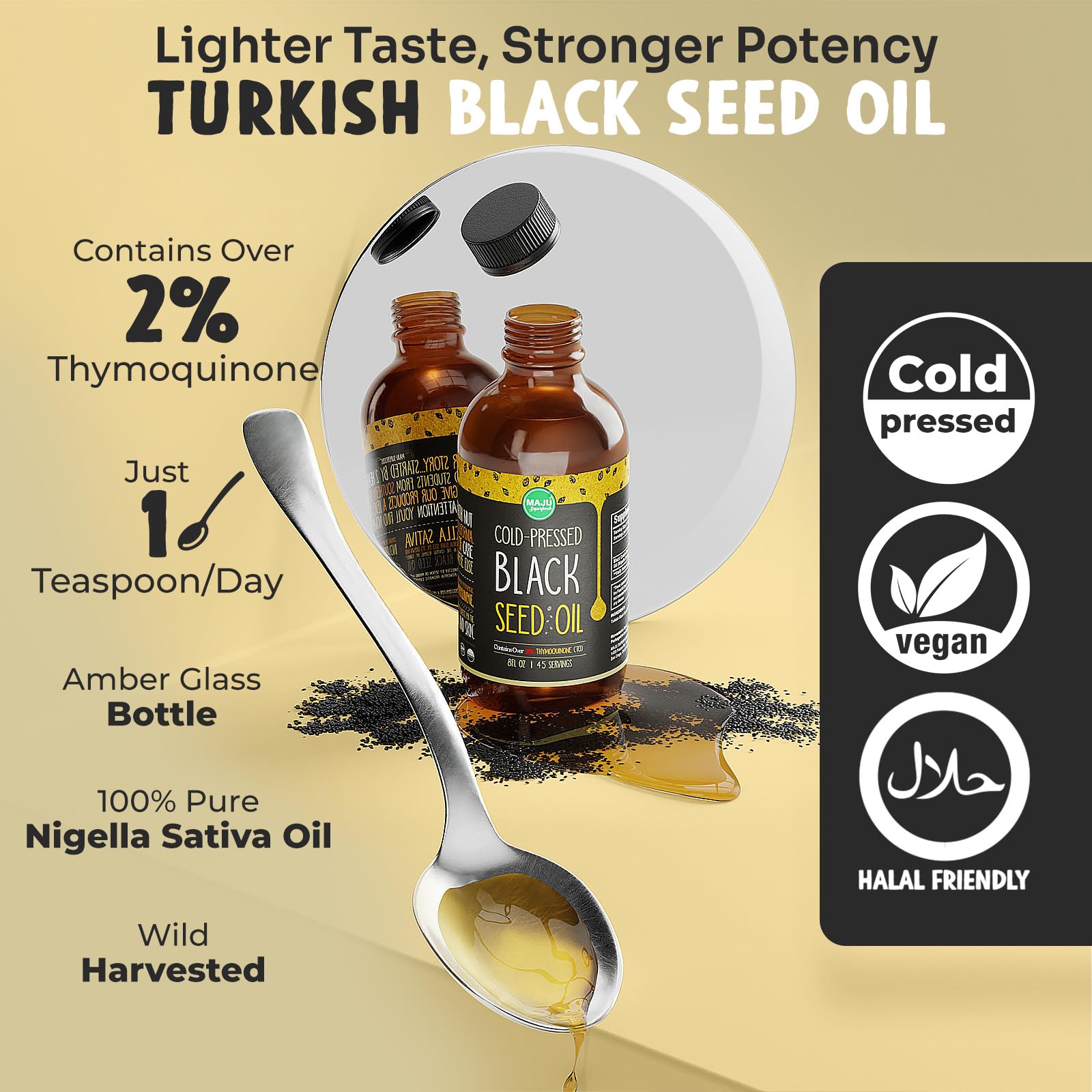 MAJU Black Seed Oil 8 oz – Cold-Pressed Turkish Black Cumin, 3x Thymoquinone, Liquid Pure Blackseed Oil