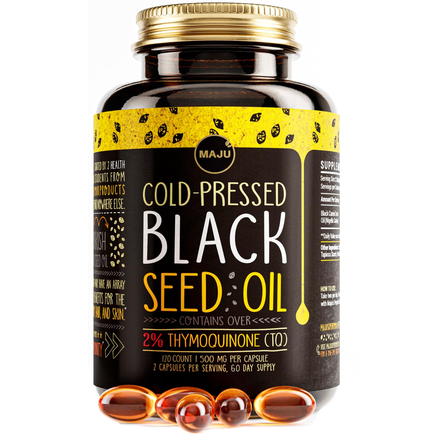 Maju Superfoods Black Seed Oil Capsules – Organic Turkish Nigella Sativa, Cold-Pressed, 2% Thymoquinone, 120 Count (3-Pack)